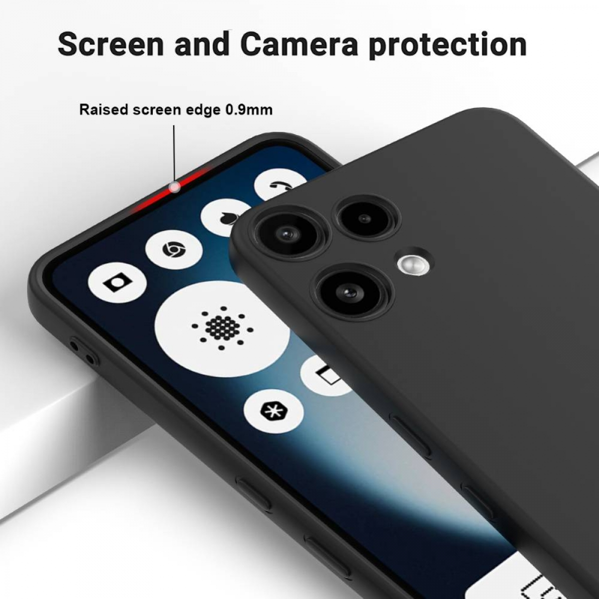 Schwarze Handyhülle schützt ein Smartphone. Die Hülle hat erhöhte Kanten, Kameraschutz und Symbole auf dem Bildschirm.
