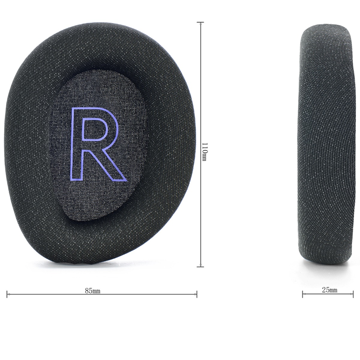 Dos almohadillas negras para auriculares. Una muestra una 'R' púrpura, la otra vista lateral. Dimensiones: 110 mm, 85 mm y 25 mm.