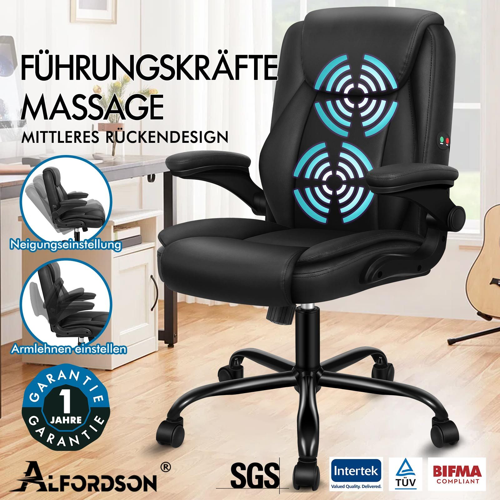 Schwarzer Bürostuhl mit Massagefunktion. Er hat Armlehnen und eine rollende Basis.