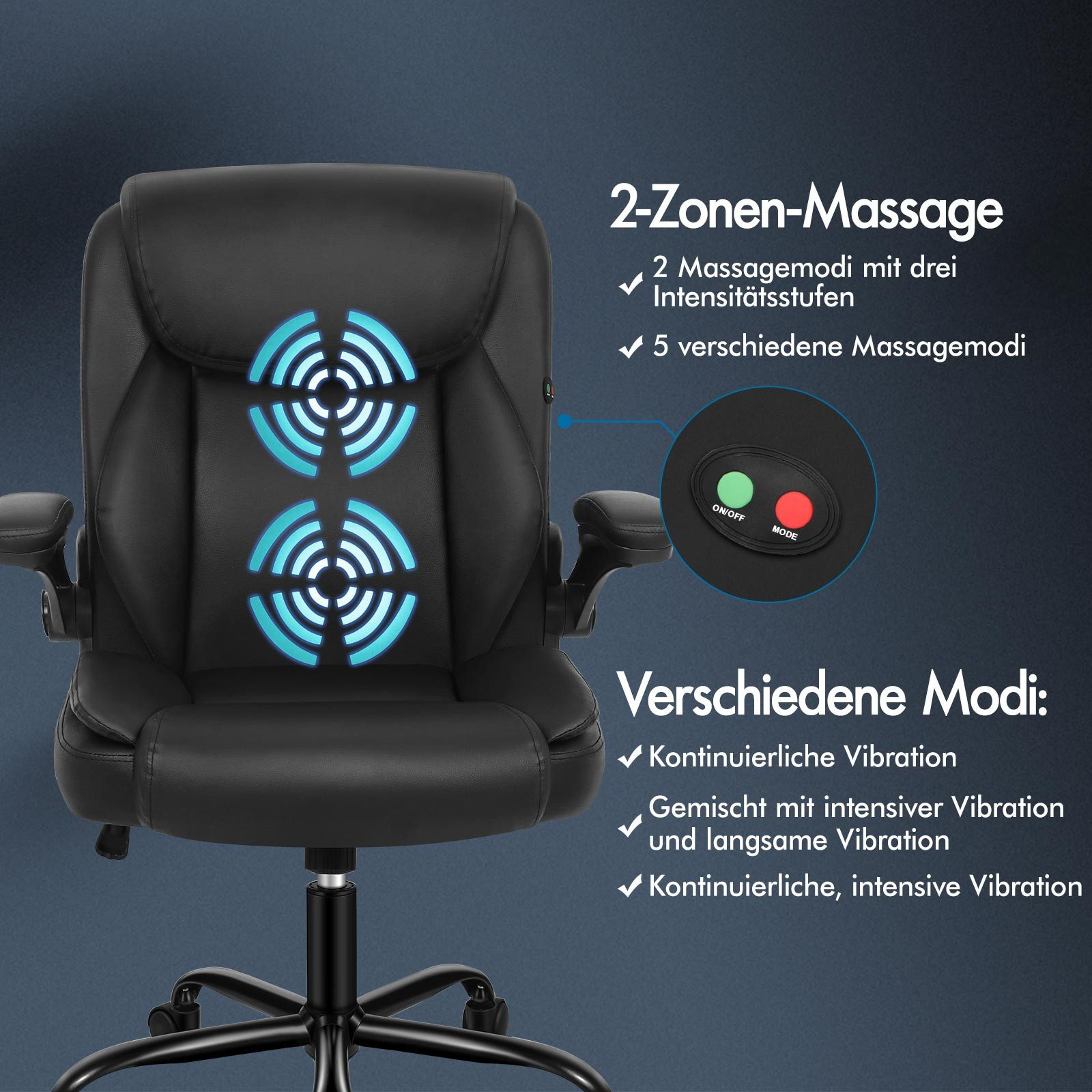 Schwarzer Massagestuhl mit blauen Lichtmustern und Bedienknöpfen. Text auf Deutsch beschreibt Massagefunktionen.