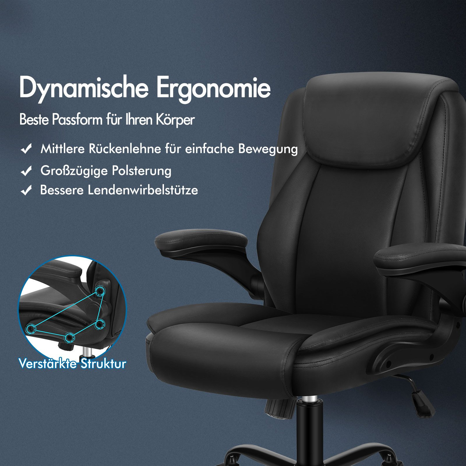 Schwarzer ergonomischer Bürostuhl. Merkmale sind eine mittlere Rückenlehne, Lendenwirbelstütze und Armlehnen. Text überlagert Merkmale.