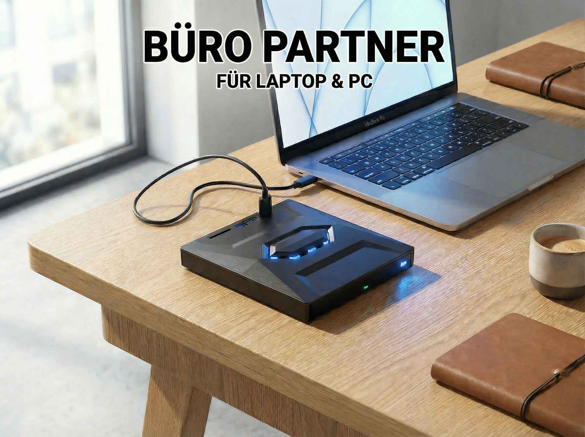 Ein Laptop, der mit einem schwarzen Gerät auf einem Holztisch verbunden ist. Text: 'Büro Partner für Laptop & PC'.