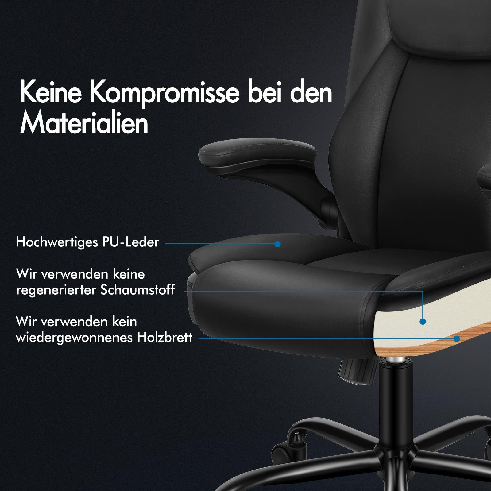 Detail eines schwarzen Bürostuhls. PU-Leder, kein recycelter Schaumstoff oder Holz. Text: Keine Kompromisse bei Materialien.