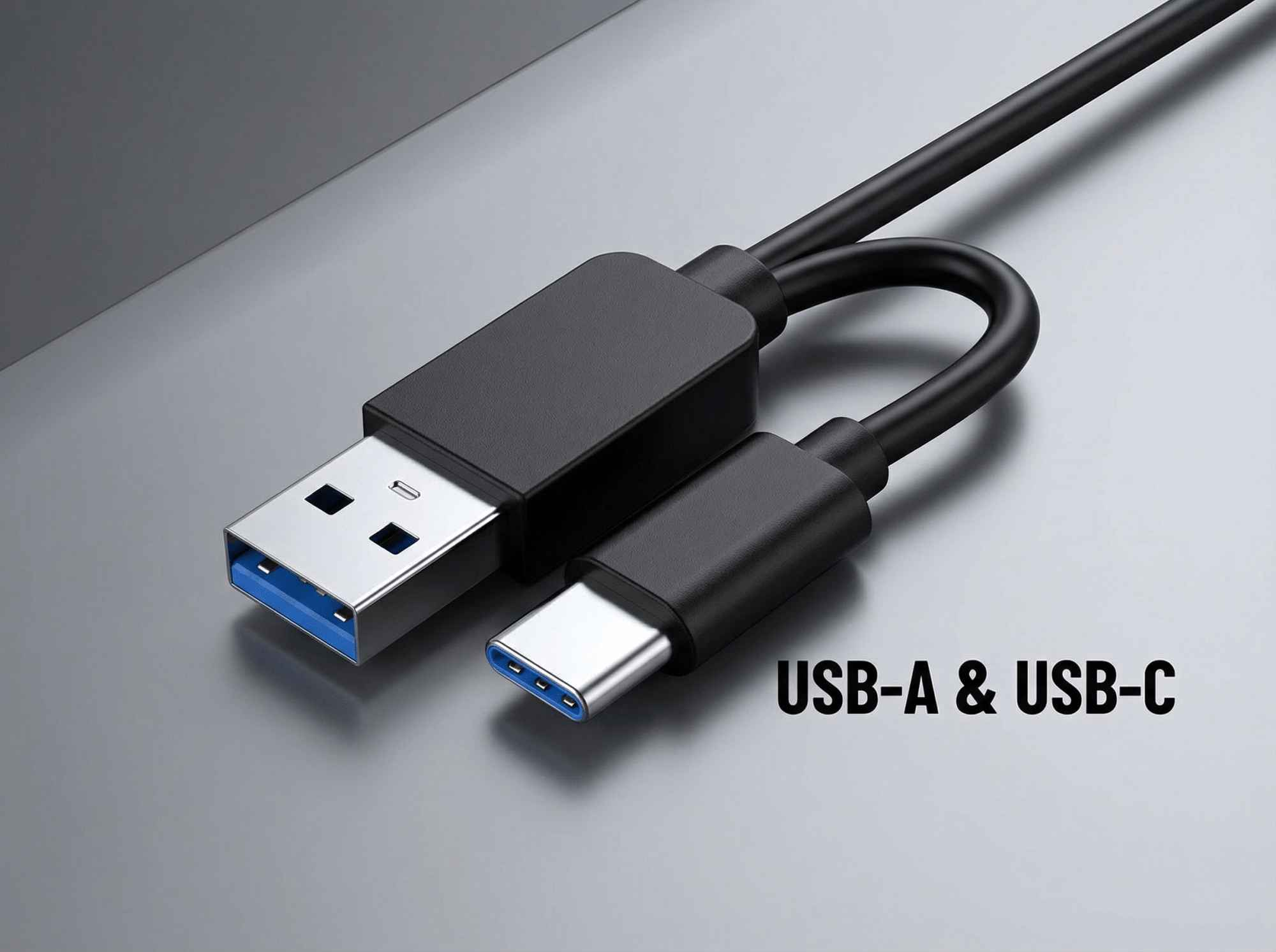 Schwarzes USB-A- und USB-C-Kabel auf grauem Untergrund. USB-A-Ende ist silber und blau. USB-C-Ende ist silber und blau. Text: USB-A & USB-C.