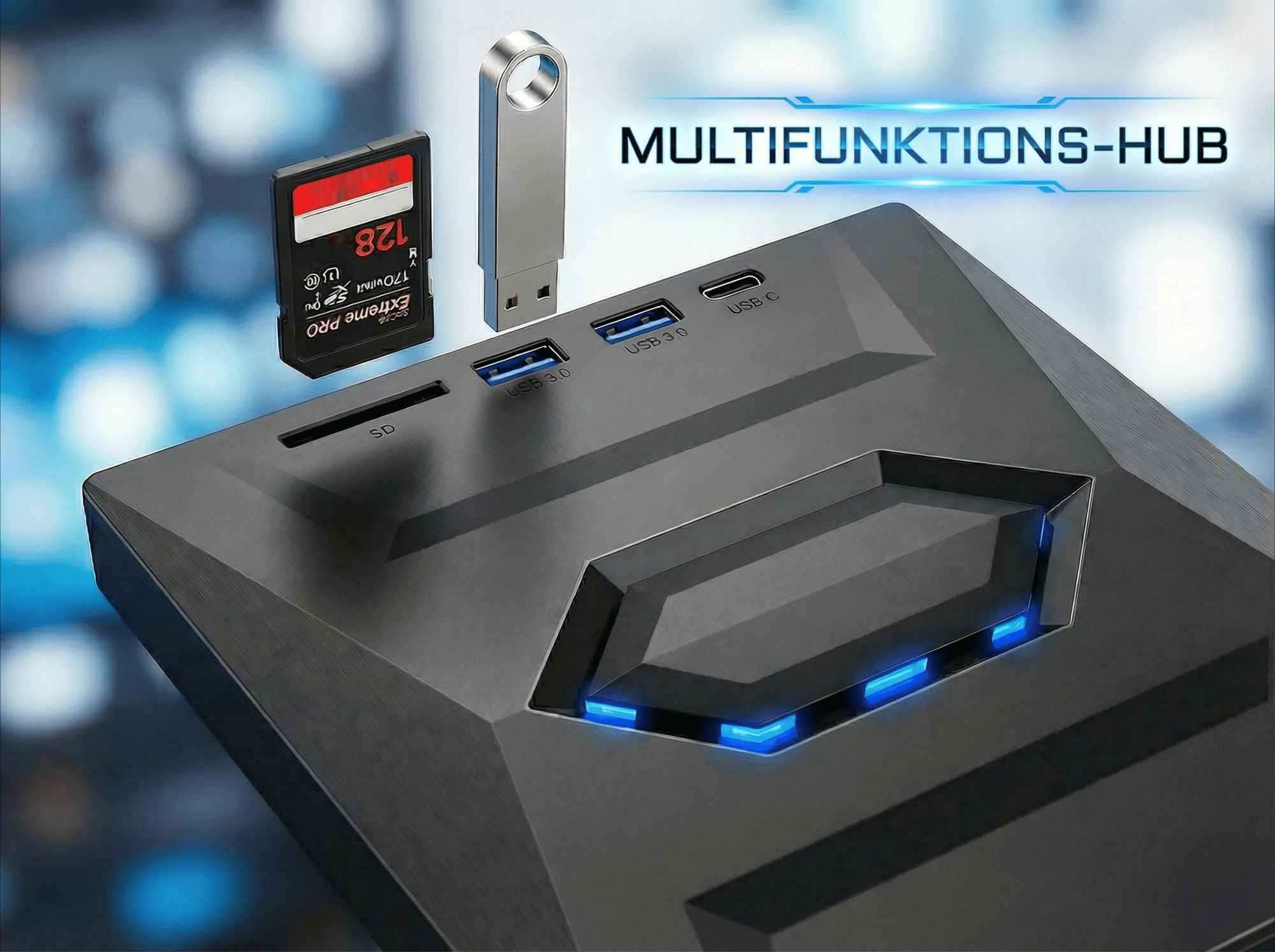Das Bild zeigt einen Multifunktions-Hub mit einer Speicherkarte, einem USB-Laufwerk und USB-Anschlüssen. Der Hub ist schwarz und hat blaue LED-Lichter.