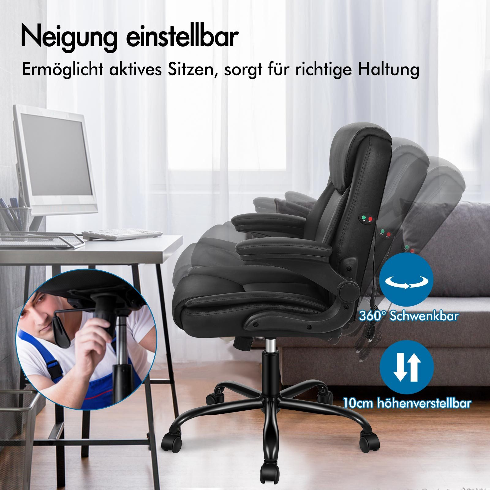 Schwarzer Bürostuhl mit verstellbaren Funktionen. Mann arbeitet daran. Text erwähnt 360° Drehbarkeit und 10cm Höhenverstellung.