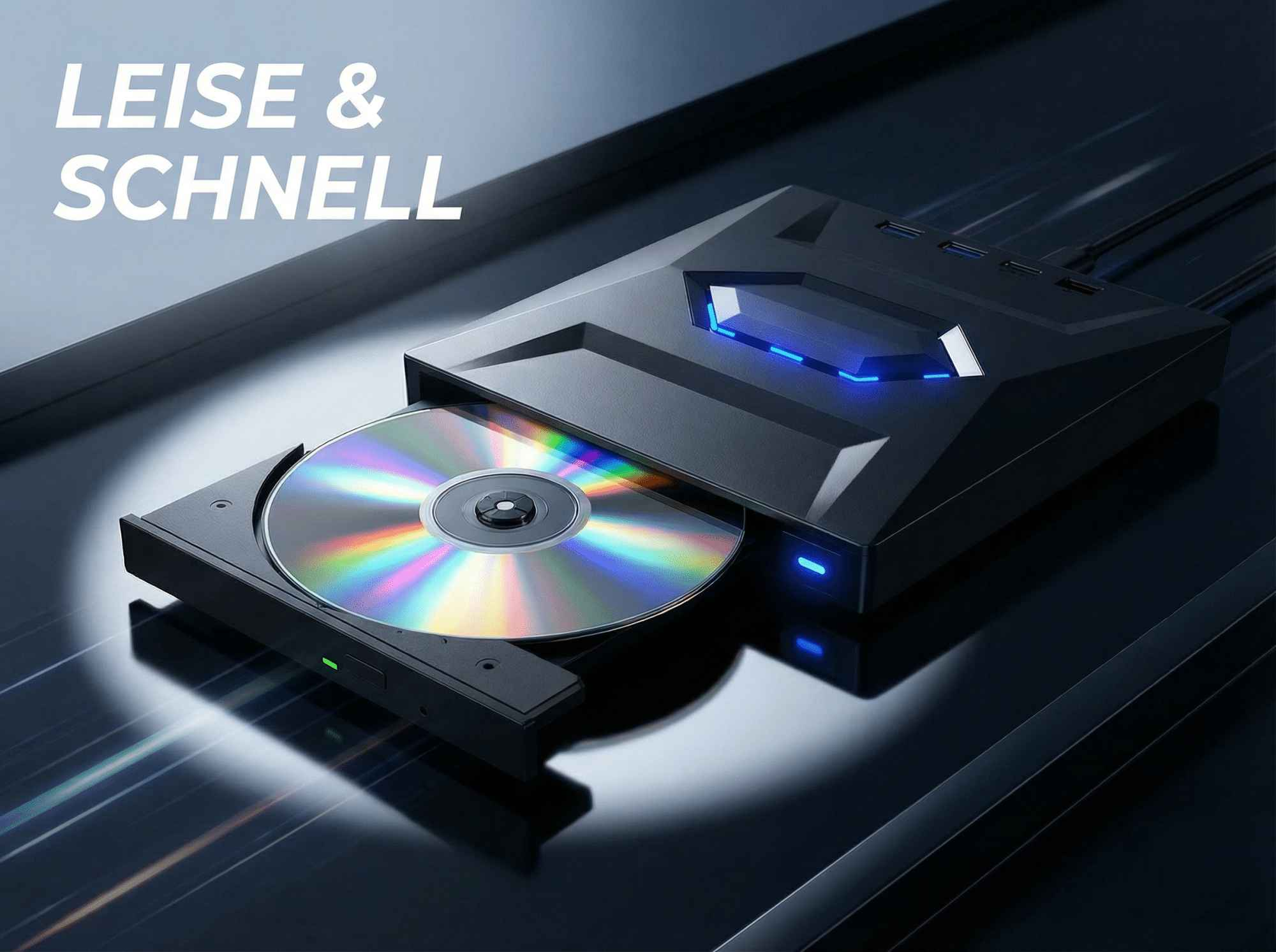 Ein schwarzes CD/DVD-Laufwerk mit einer Disc. Blaue Lichter sind an. Text lautet 'LEISE & SCHNELL' in Weiß.
