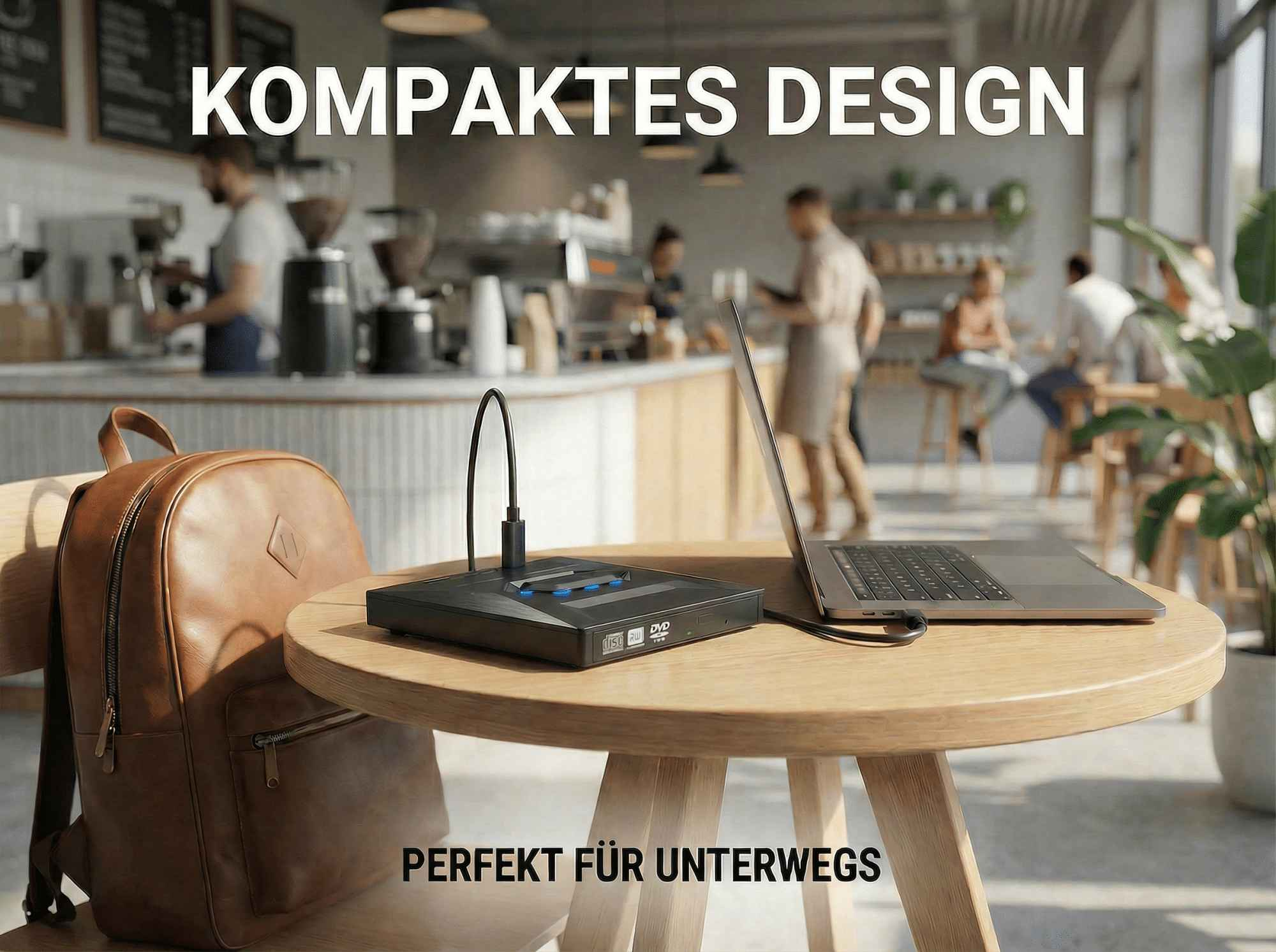 Ein Laptop, ein DVD-Player und ein Rucksack stehen auf einem Tisch in einem Café. Der Hintergrund ist verschwommen.