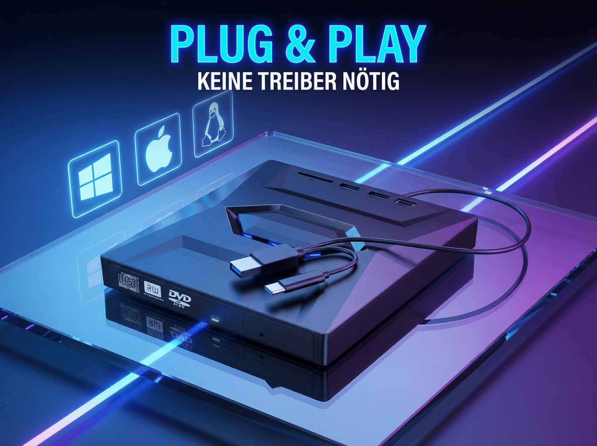 Ein schwarzes DVD-Laufwerk mit USB-Kabel liegt auf einer Glasoberfläche. Der Text 'PLUG & PLAY' und OS-Logos sind sichtbar.