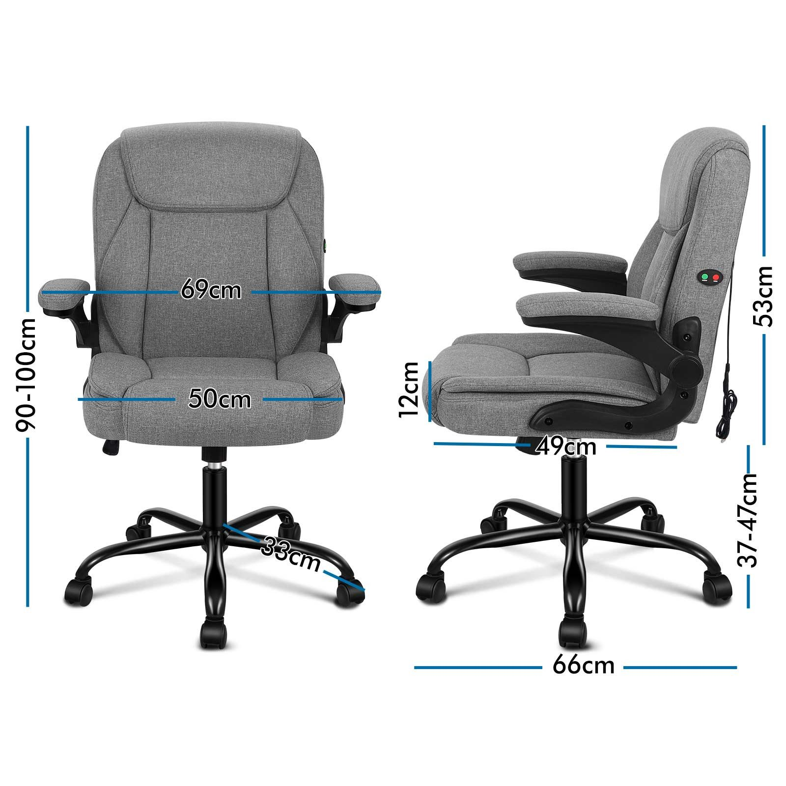 Dos vistas de una silla de oficina gris con medidas etiquetadas. Incluye asiento, respaldo, reposabrazos y base negra con ruedas.
