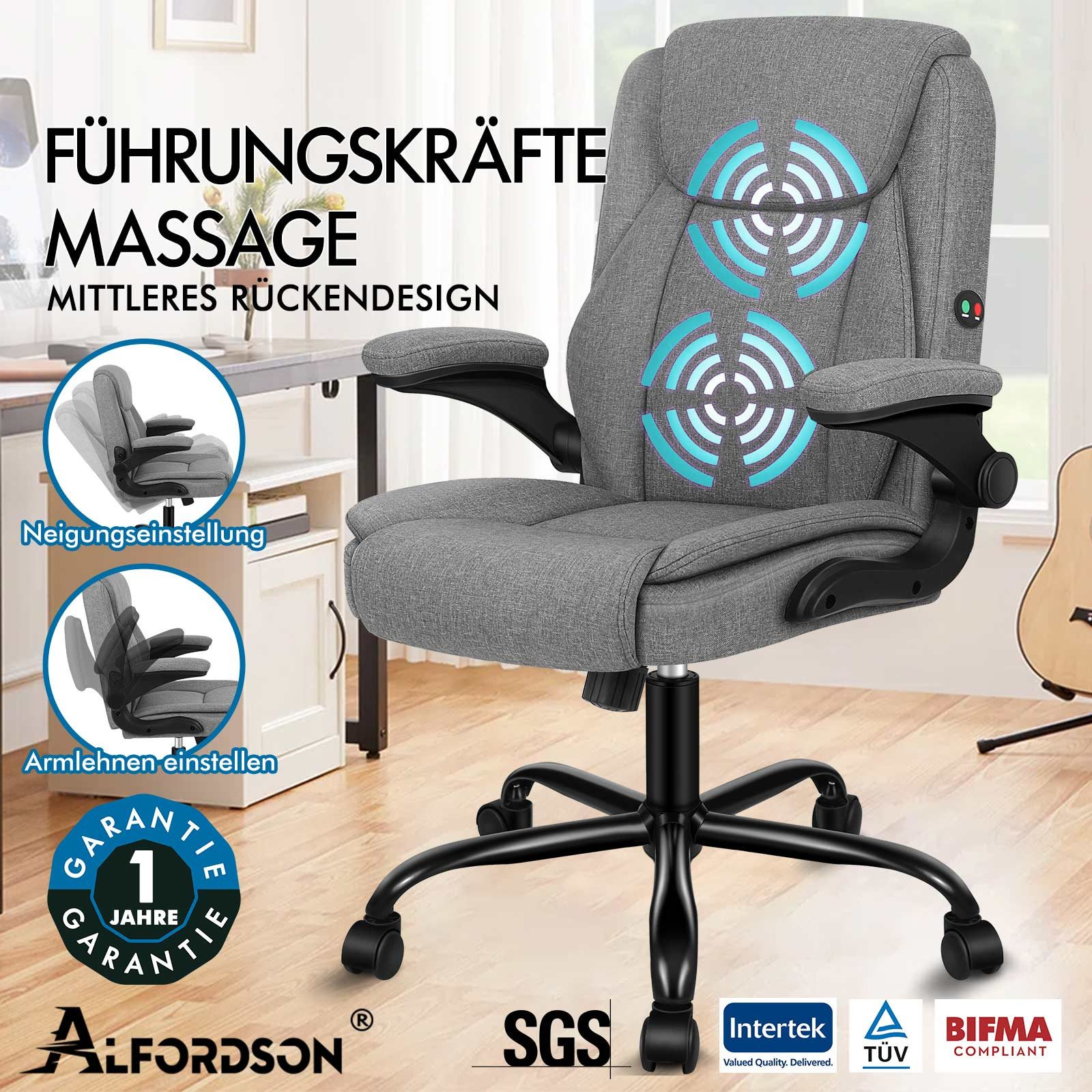 Silla de oficina gris con función de masaje. Cuenta con reposabrazos y respaldo ajustables. Base negra con ruedas.