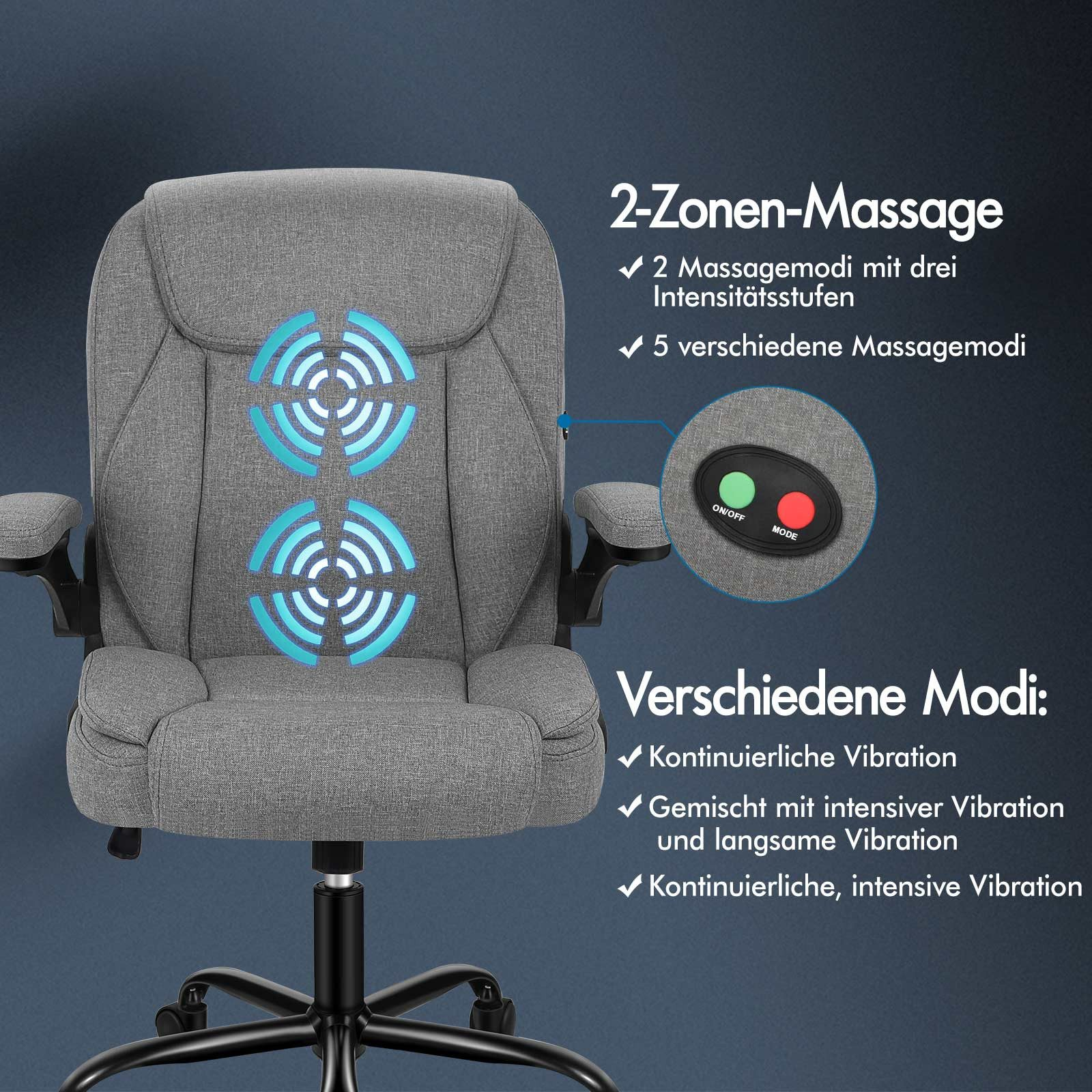 Silla de masaje gris con panel de control y texto que describe modos y funciones de masaje. Se resaltan dos zonas.