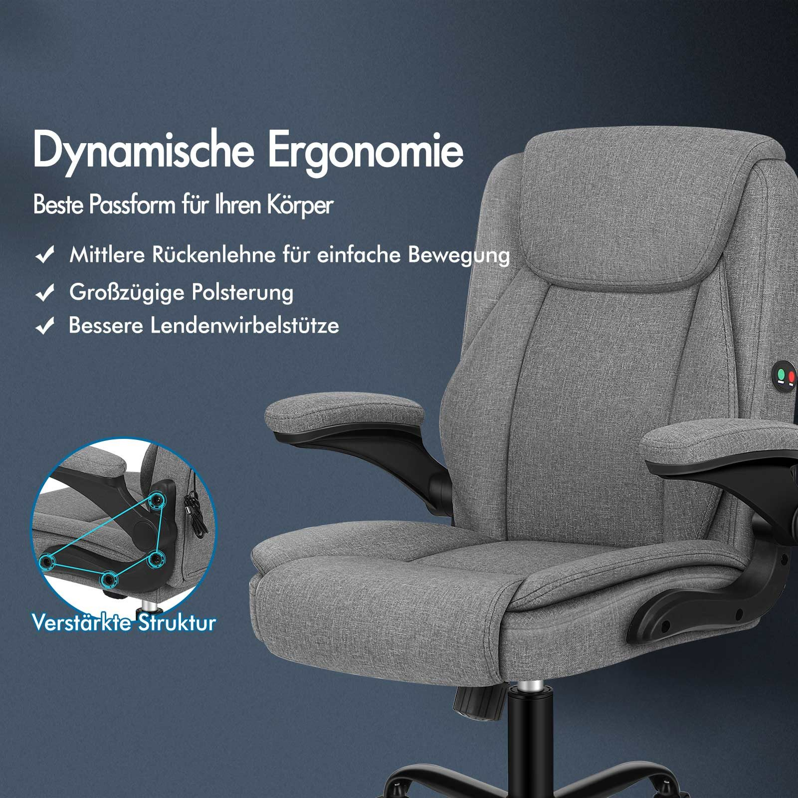 Una silla de oficina ergonómica gris con reposabrazos negros sobre fondo azul oscuro. Texto en alemán describe características.