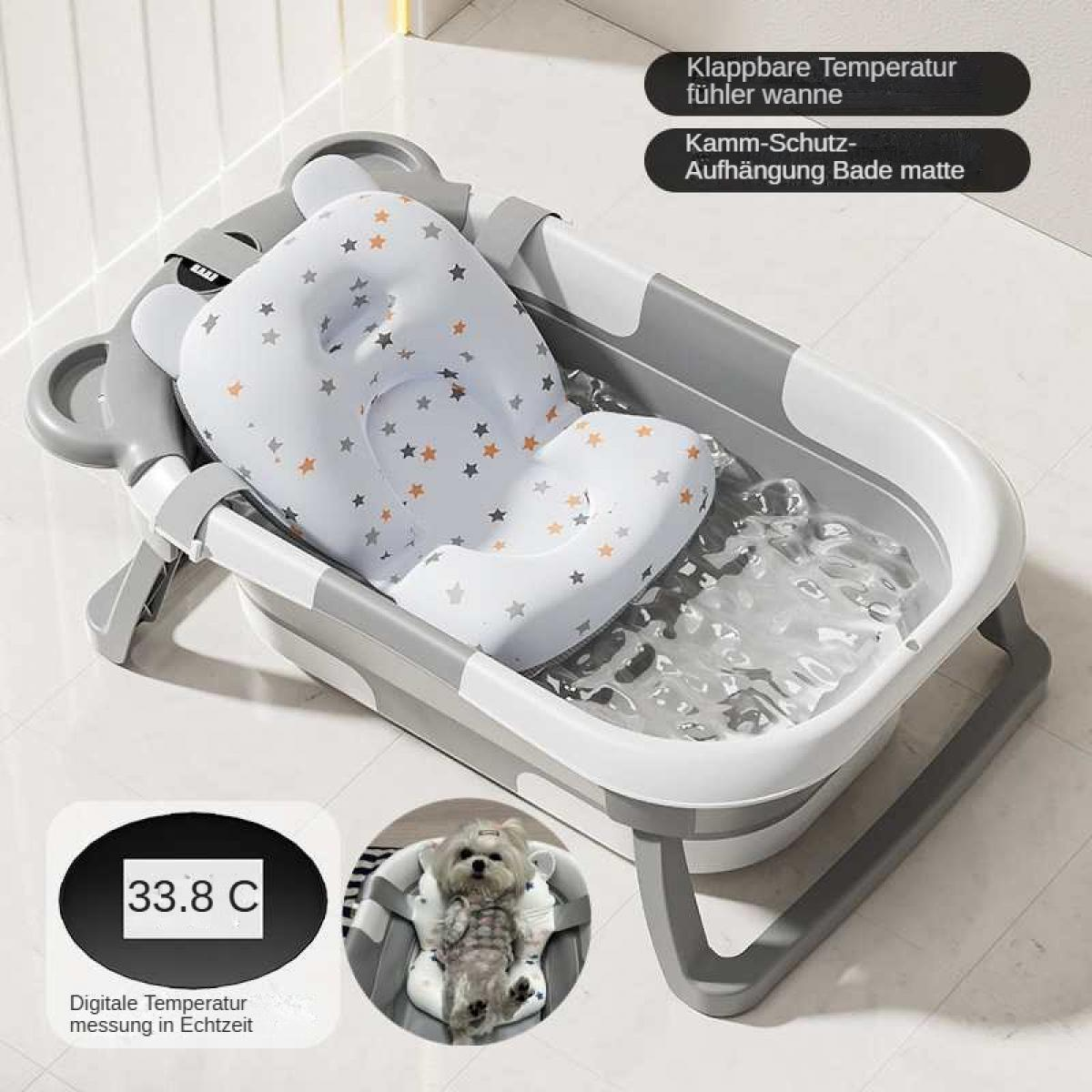 Graue, zusammenklappbare Babybadewanne mit sternförmigem Kissen. Ein digitales Thermometer zeigt 33,8 °C. Ein eingesetztes Bild zeigt einen Hund.