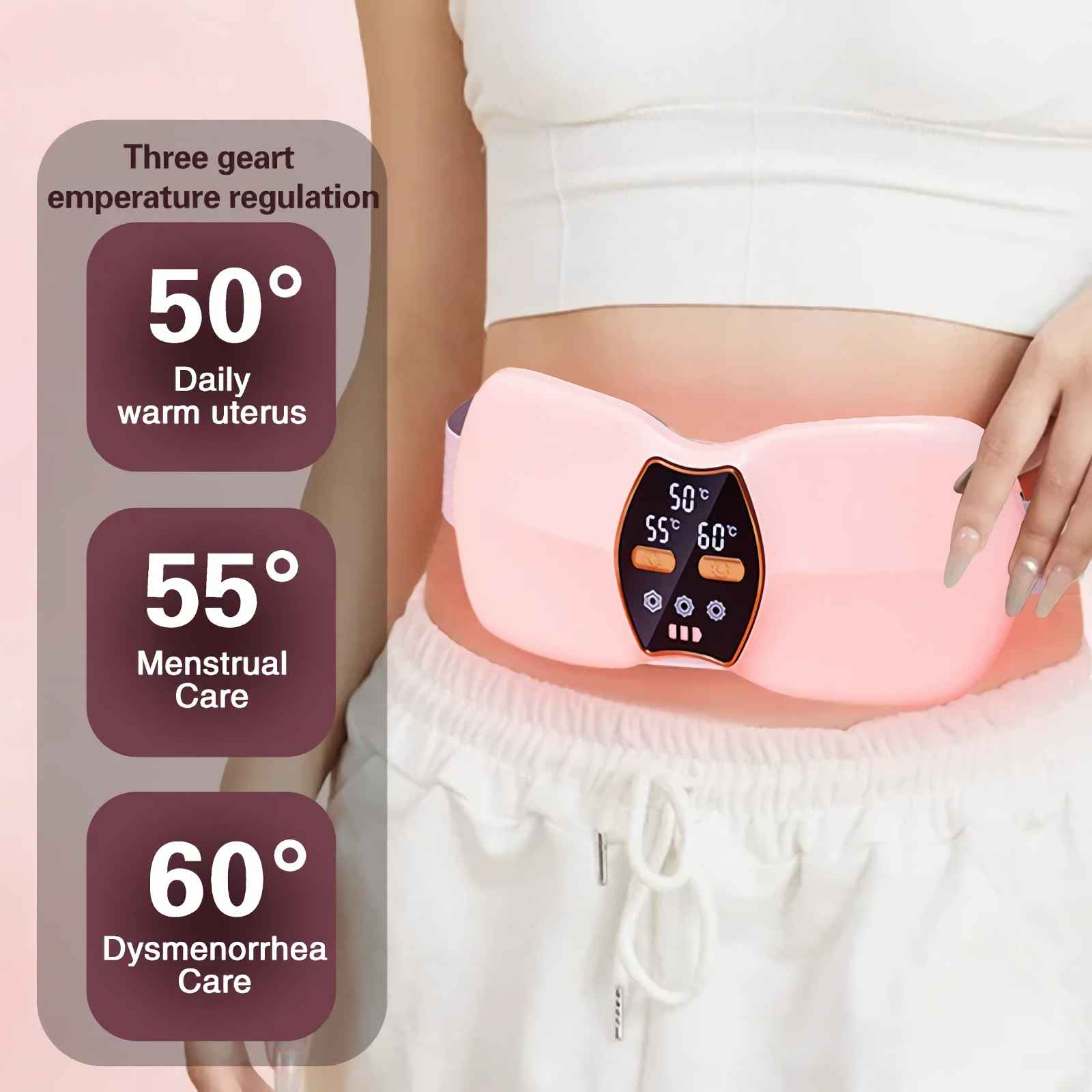 Eine Person trägt ein rosa Heizkissen um die Taille. Text zeigt Temperatureinstellungen und Verwendungen.