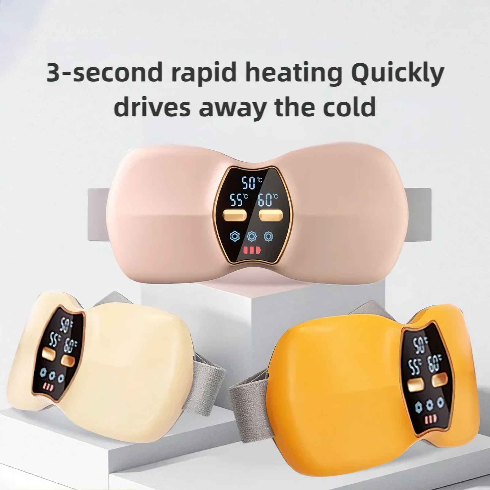Das Bild zeigt drei Augenmassagegeräte. Das obere ist rosa, die unteren beiden sind gelb und orange. Sie haben Displays mit Temperaturen.