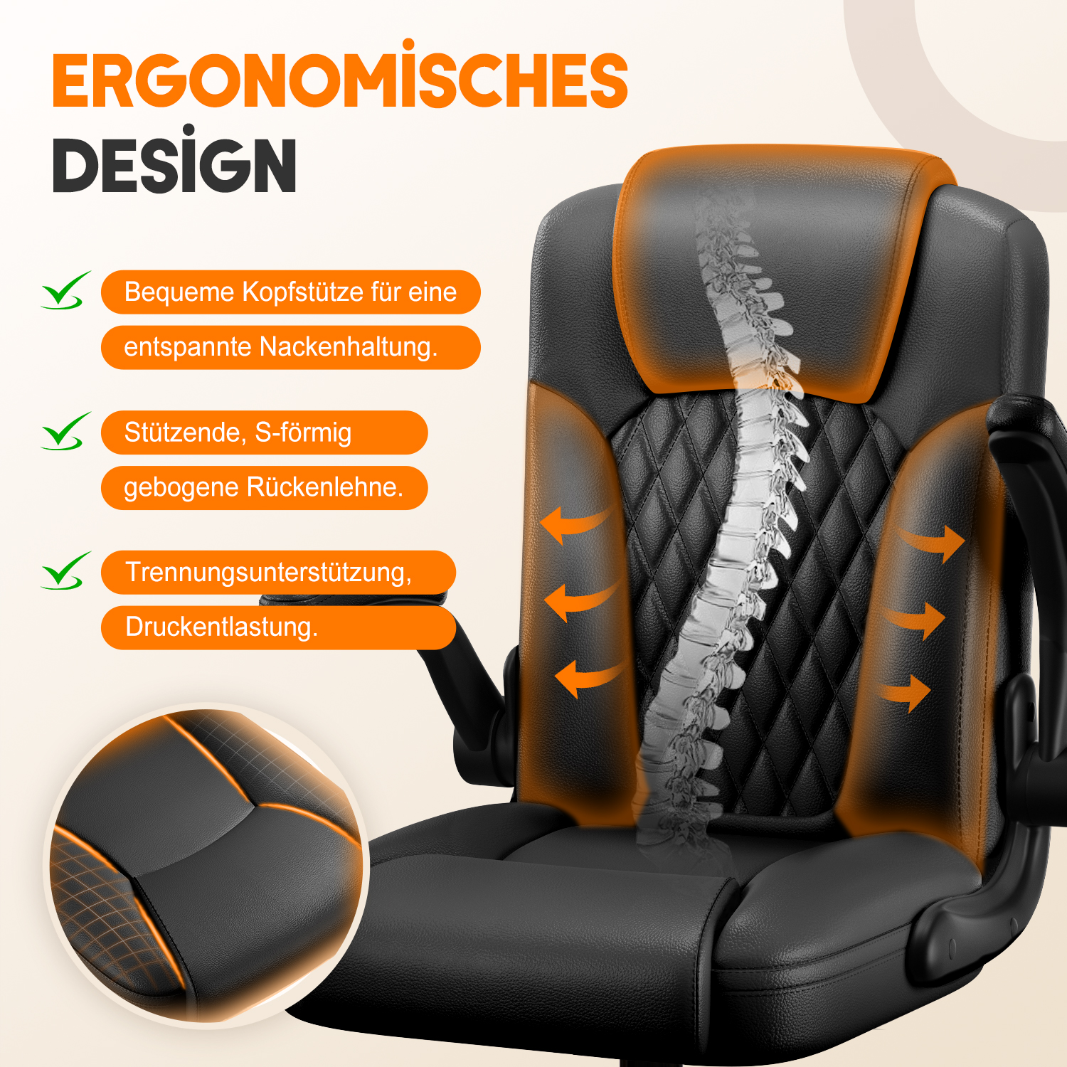 Ein ergonomischer Bürostuhl mit Kopfstütze, S-förmiger Rückenlehne und rautenförmigem Sitz. Orange Pfeile zeigen Stützfunktionen.