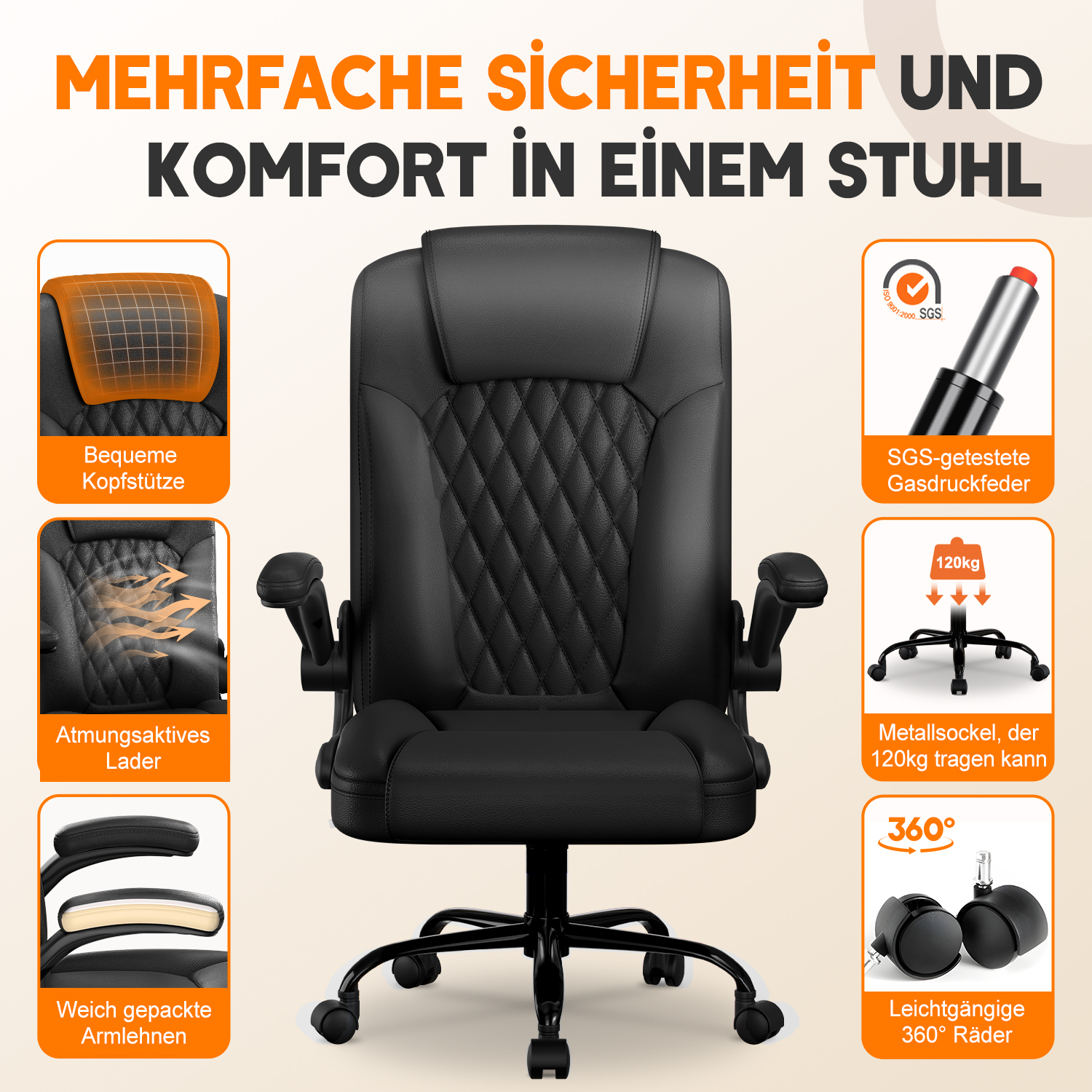 Schwarzer Bürostuhl mit mehreren Funktionen. Enthält Kopfstütze, atmungsaktives Leder, weiche Armlehnen und 360°-Rollen.