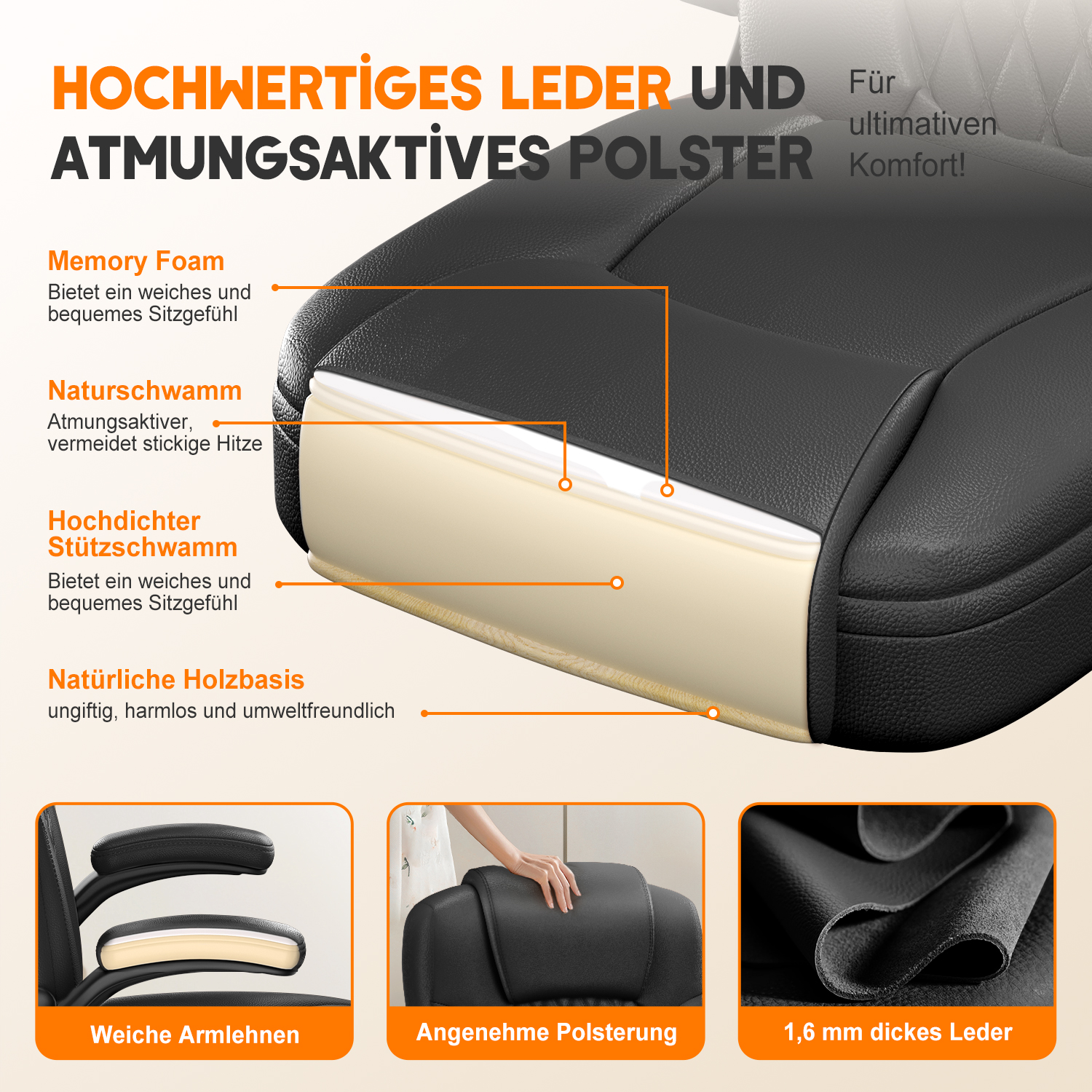Nahaufnahme eines schwarzen Stuhls mit Materialschichten: Memory-Schaum, Naturschwamm und hochdichter Schaum. Etiketten weisen auf Komfortmerkmale hin.