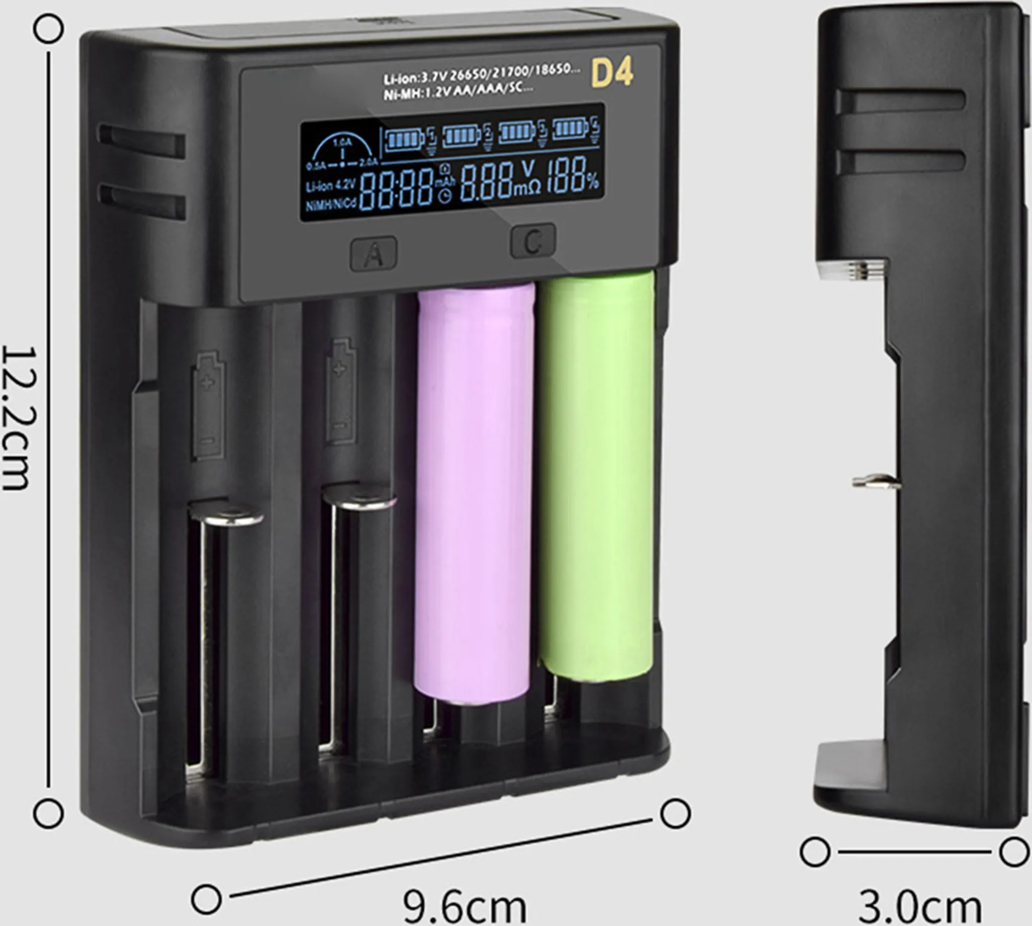 Schwarzes Batterieladegerät mit zwei Batterien, eine rosa und eine grüne. Display zeigt Spannung und Ladestand.