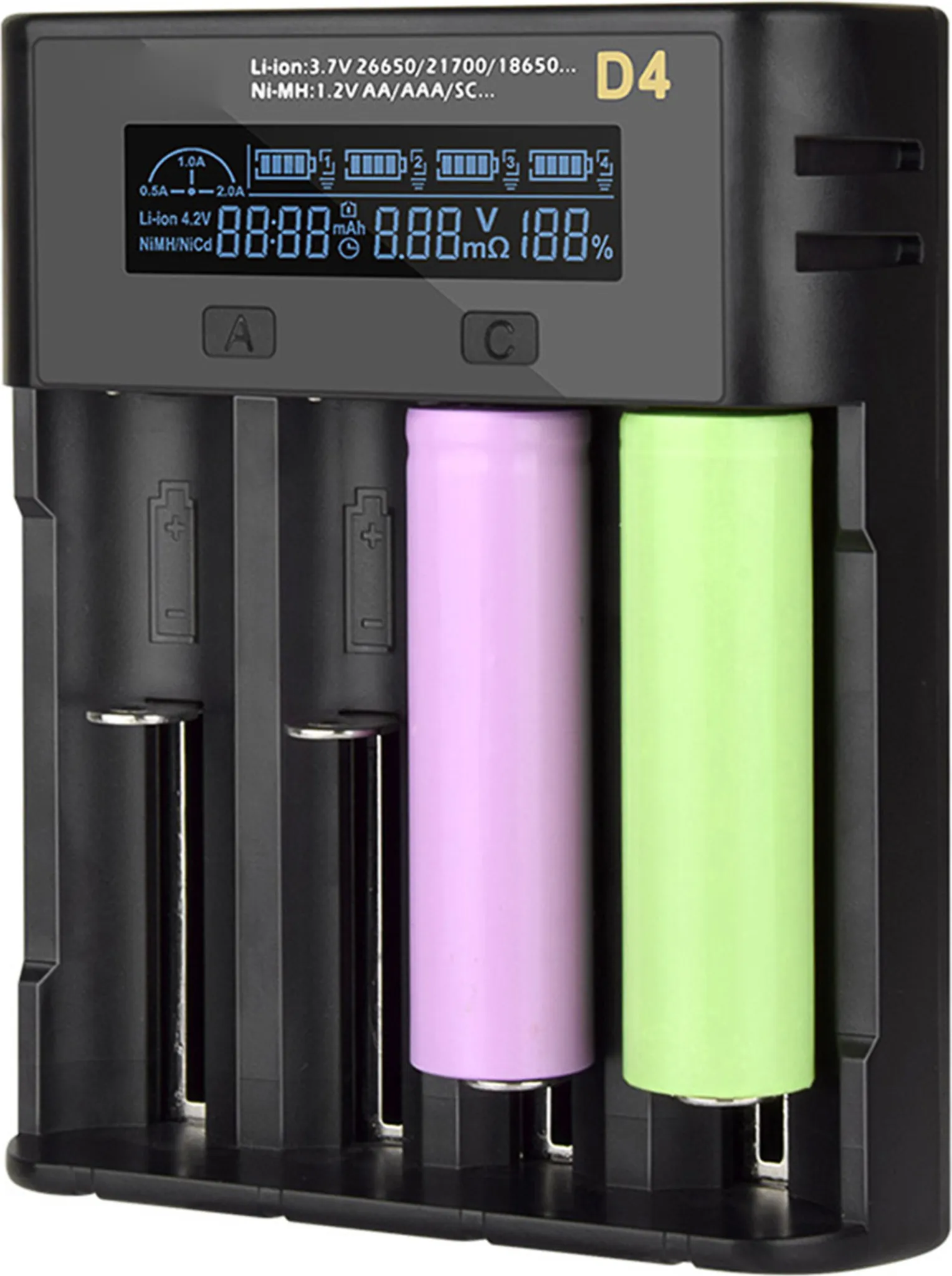 Ein schwarzes Batterieladegerät mit zwei Batterien, eine pinkfarbene und eine grüne. Das Ladegerät zeigt Informationen auf einem Bildschirm an.