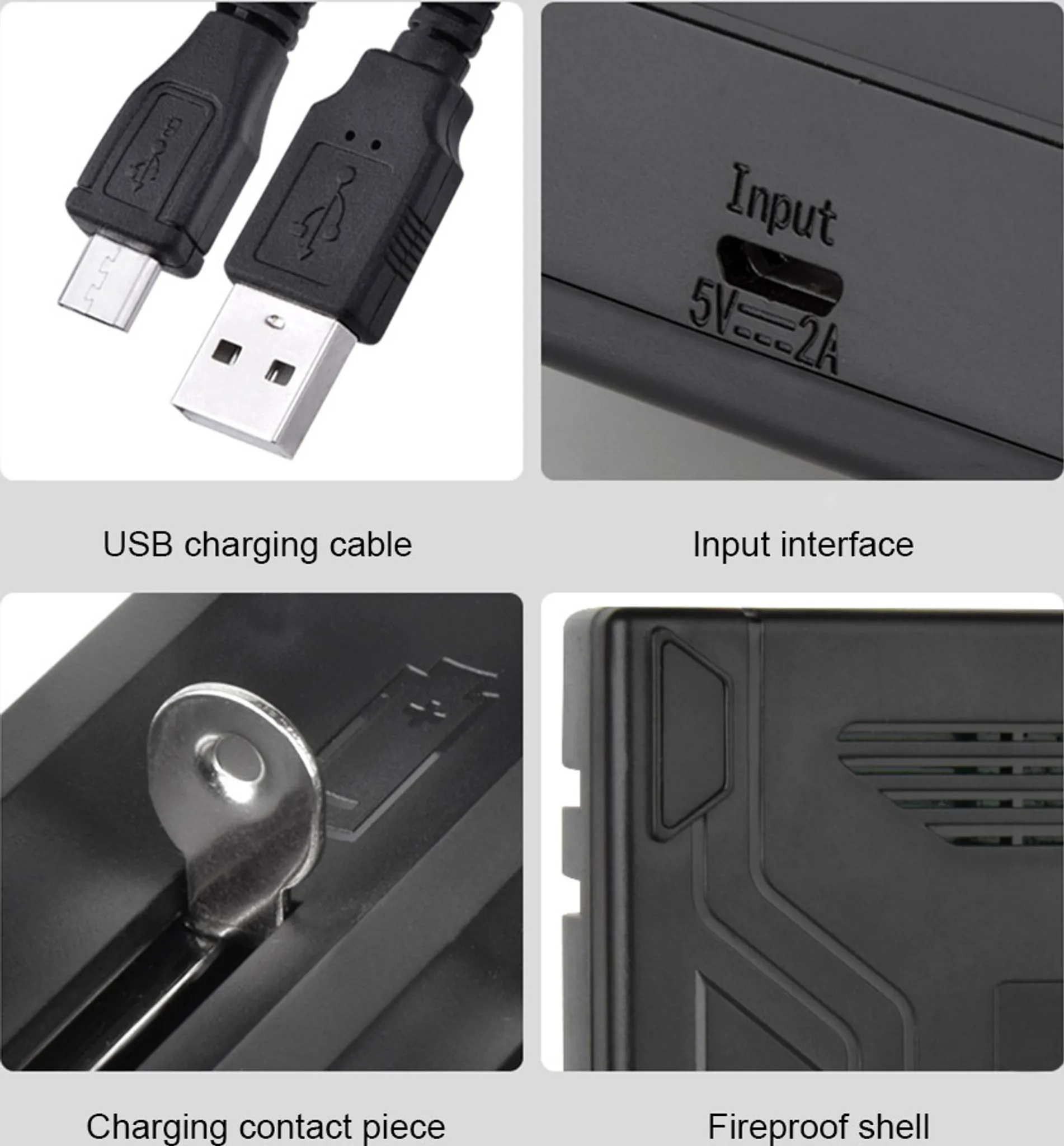 Das Bild zeigt ein USB-Ladekabel, eine Eingabeschnittstelle, ein Ladekontaktstück und eine feuerfeste Hülle.