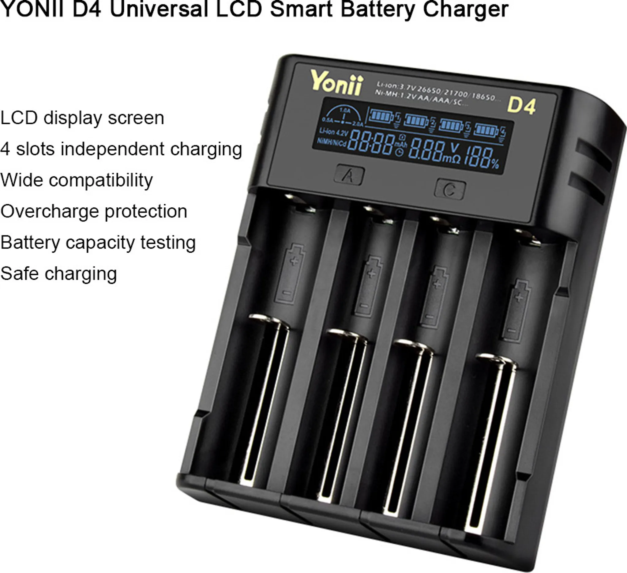 Ein schwarzes Batterieladegerät mit LCD-Bildschirm, das Ladeinformationen anzeigt. Es hat vier Steckplätze.