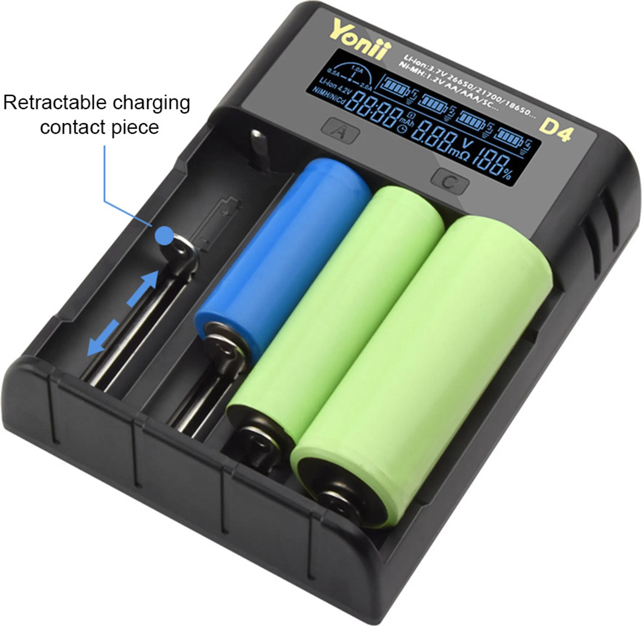 Ein Batterieladegerät mit digitaler Anzeige. Es hat eine blaue und zwei grüne Batterien. Das Ladegerät ist schwarz.