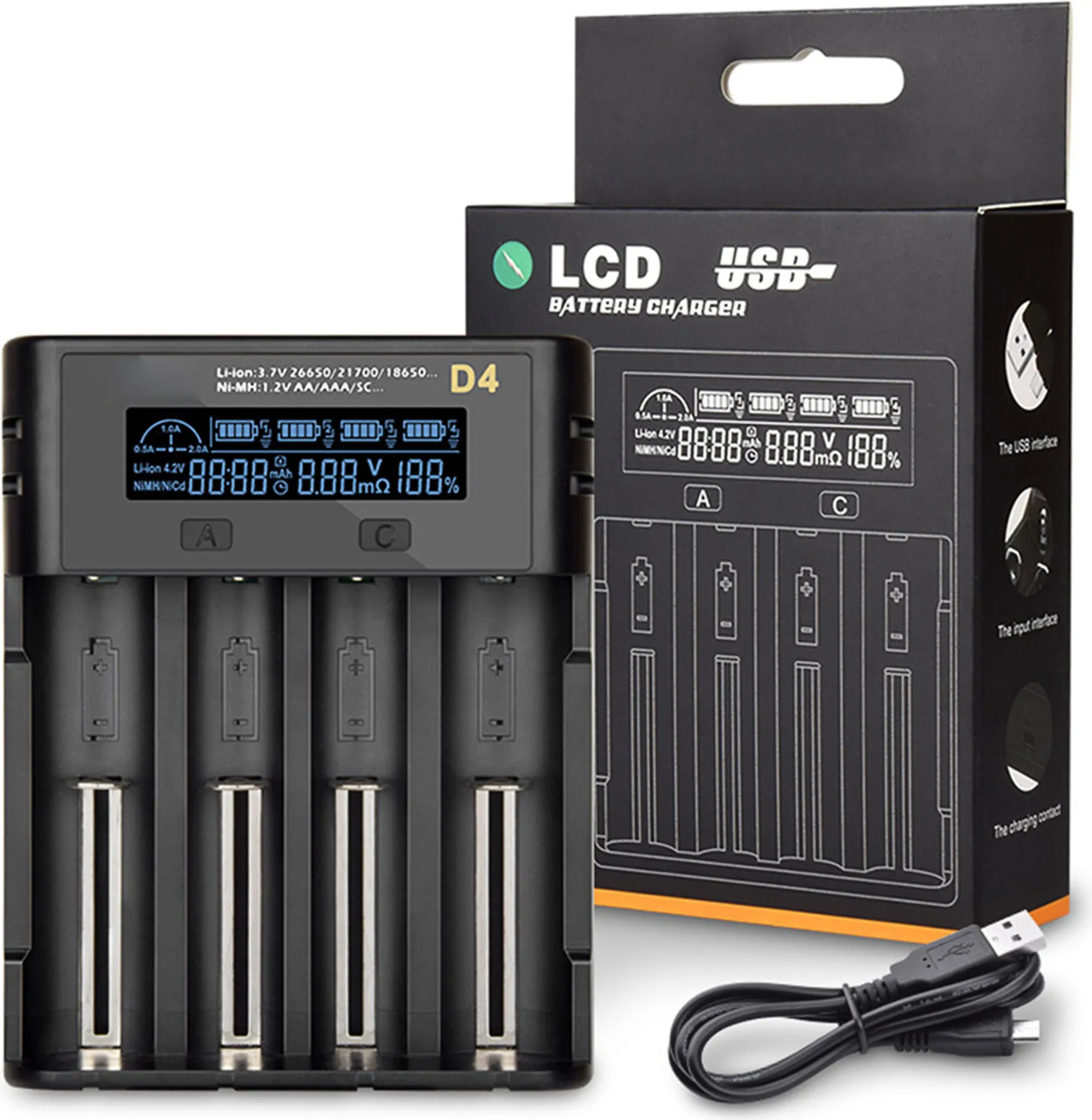 Ein schwarzes Batterieladegerät mit LCD-Bildschirm, Box und USB-Kabel. Das Ladegerät zeigt Batterieinformationen an.