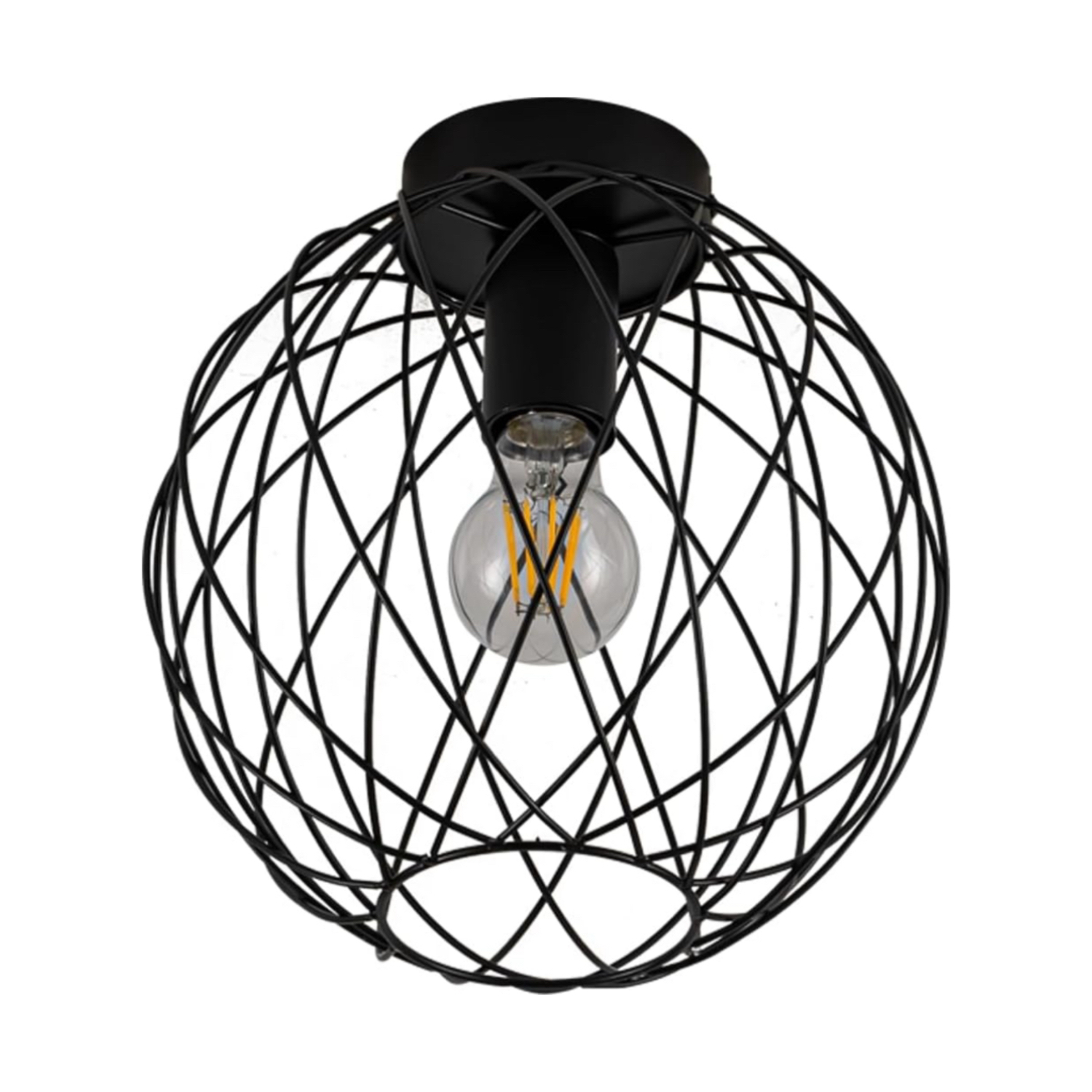 Una lampada a gabbia in metallo nero. All'interno c'è una lampadina. La lampada è su sfondo bianco. La gabbia è rotonda.