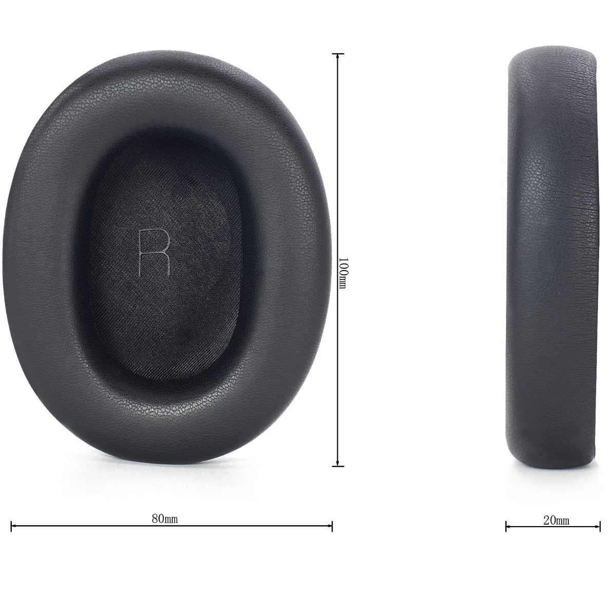 Dos almohadillas negras para auriculares, una vista frontal, la otra lateral. Se indican las dimensiones.