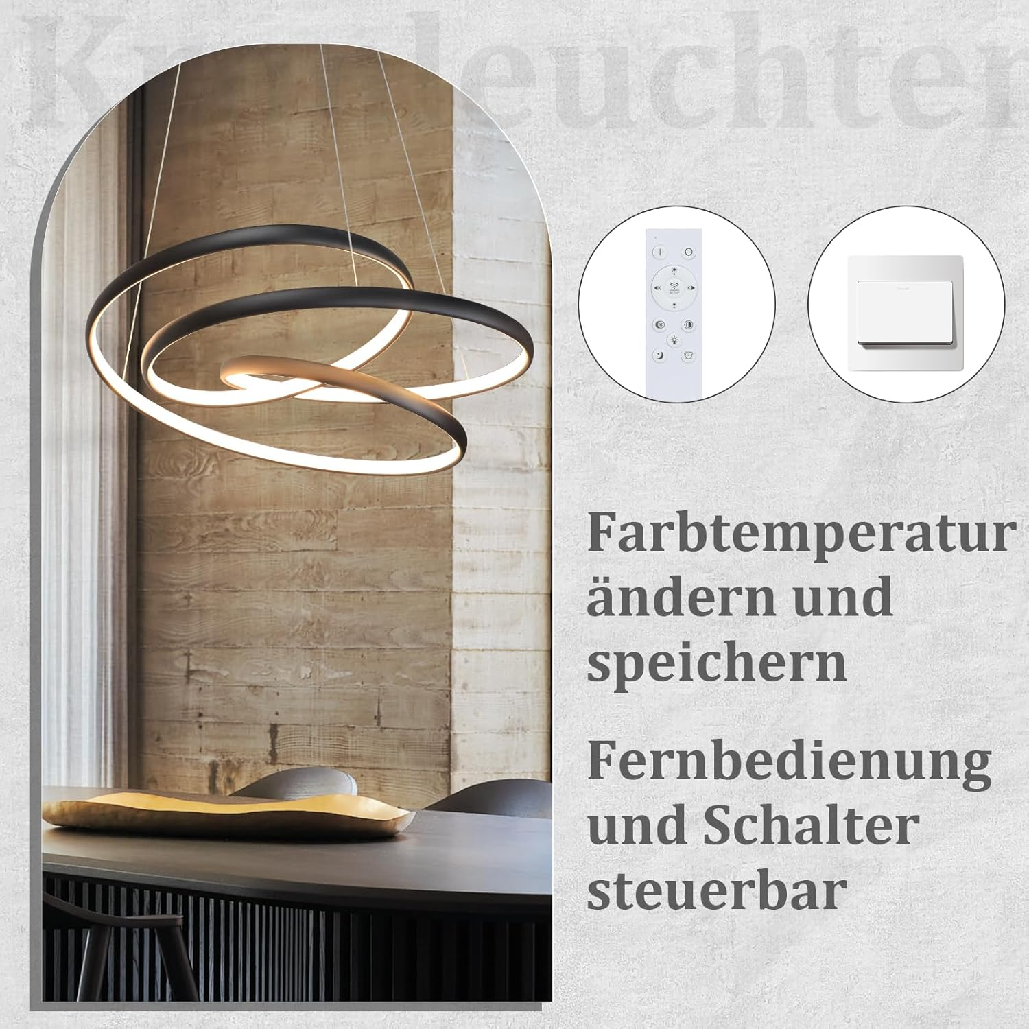 Eine moderne Hängelampe mit Fernbedienung und Lichtschalter. Der Text lautet: Farbtemperatur ändern und speichern. Fernbedienung und Schalter steuerbar.