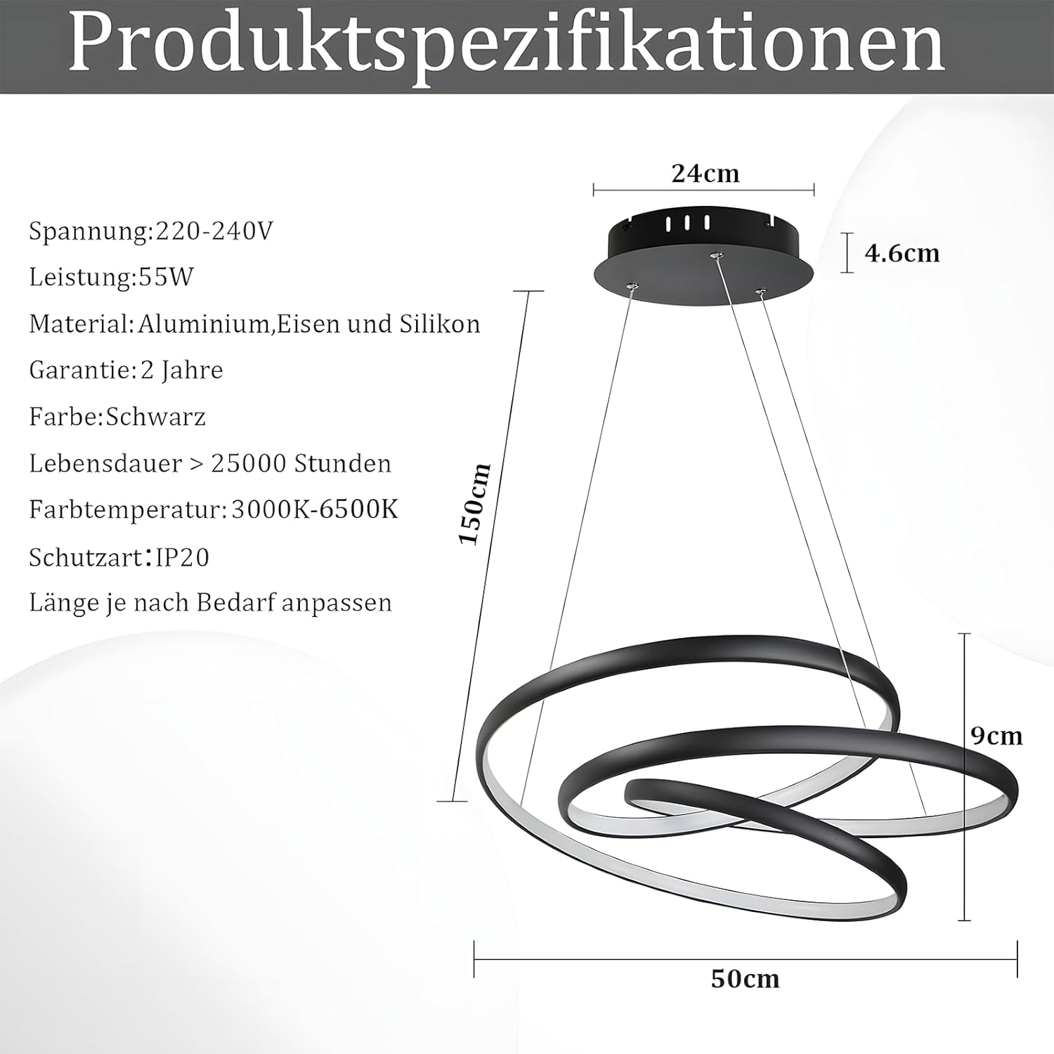 Moderne schwarze Pendelleuchte mit kreisförmigem Design. Abmessungen sind dargestellt. Text beschreibt Produktspezifikationen.
