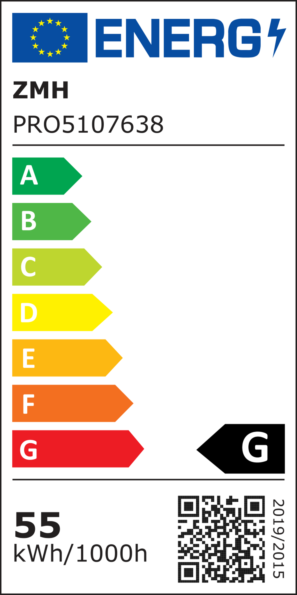 Energielabel mit EU-Flagge, Schriftzug 'ENERG' und Effizienzklassen von A bis G. Enthält auch einen QR-Code.