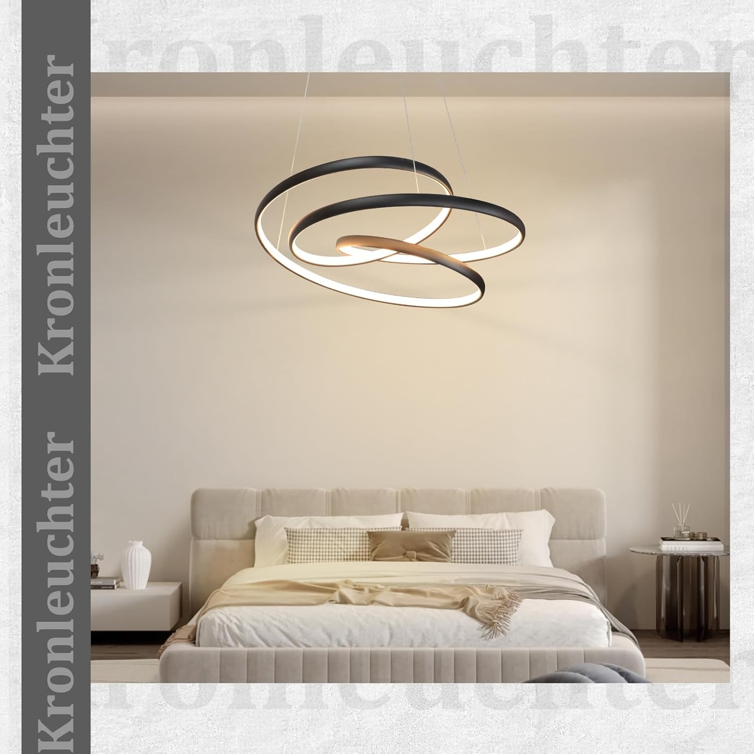 Ein modernes Schlafzimmer mit Bett, Nachttisch und einer einzigartigen, geschwungenen Hängelampe. Die Farbpalette ist neutral mit Beige- und Weißtönen.