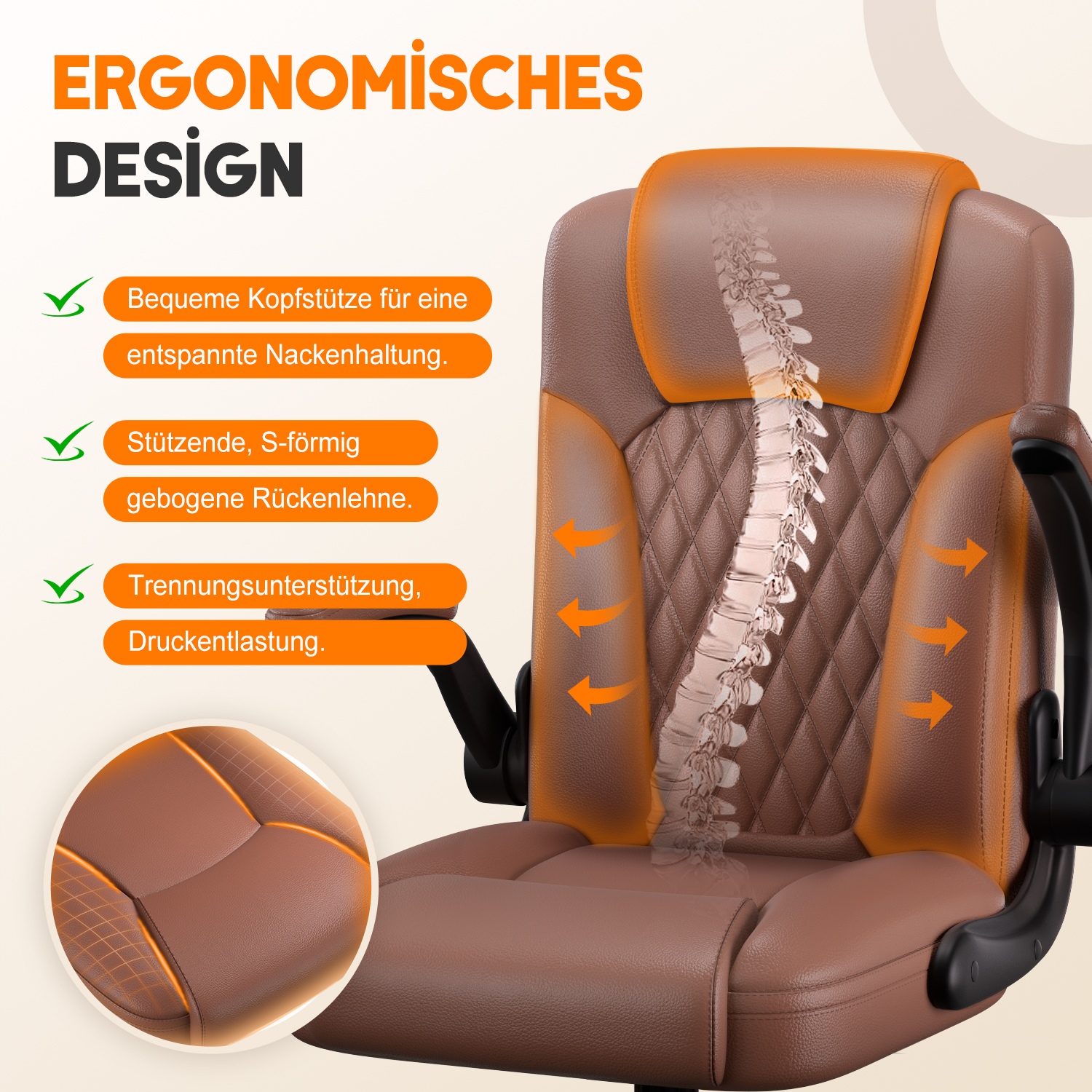 Brauner ergonomischer Bürostuhl mit Kopfstütze und Lendenwirbelstütze. Merkmale: S-förmiger Rücken und Druckentlastung.