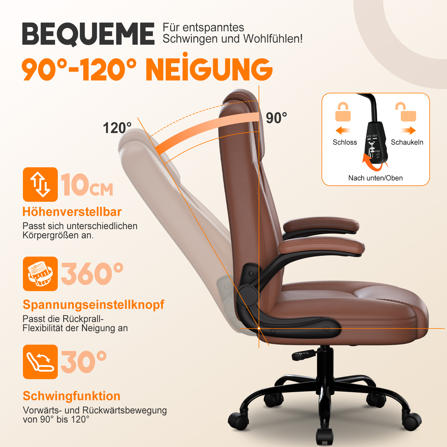 Ein brauner Bürostuhl mit höhenverstellbaren und Neigungsfunktionen, auf Deutsch beschriftet. Merkmale sind eine Neigung von 90-120 Grad und eine 360-Grad-Drehung.