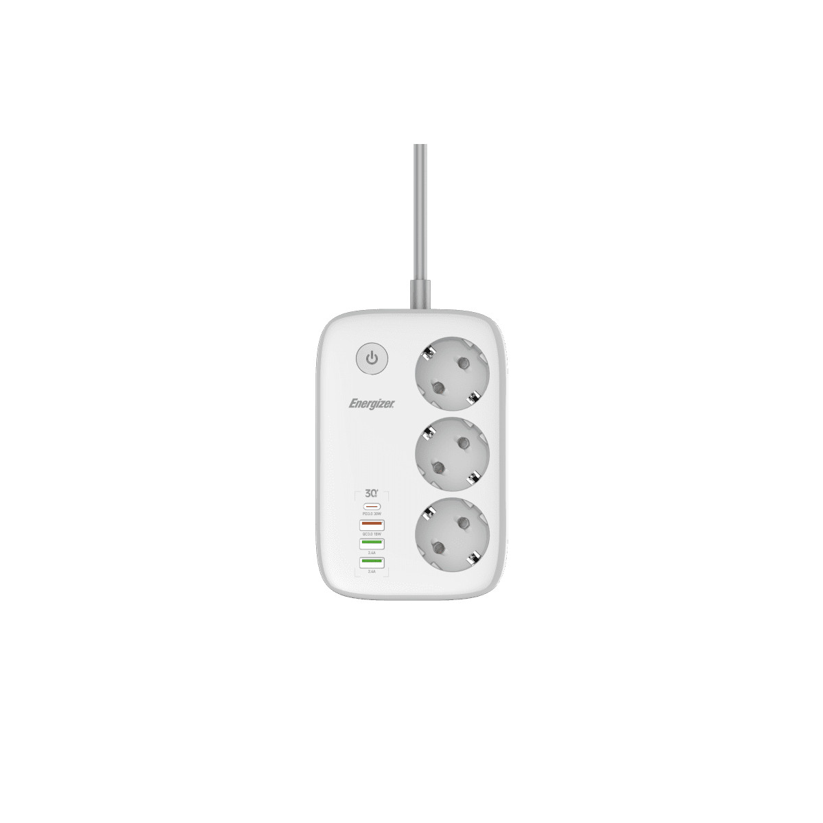 Presa multipla bianca Energizer con tre prese, pulsante di accensione e porte USB. Cavo grigio si estende dall'alto.