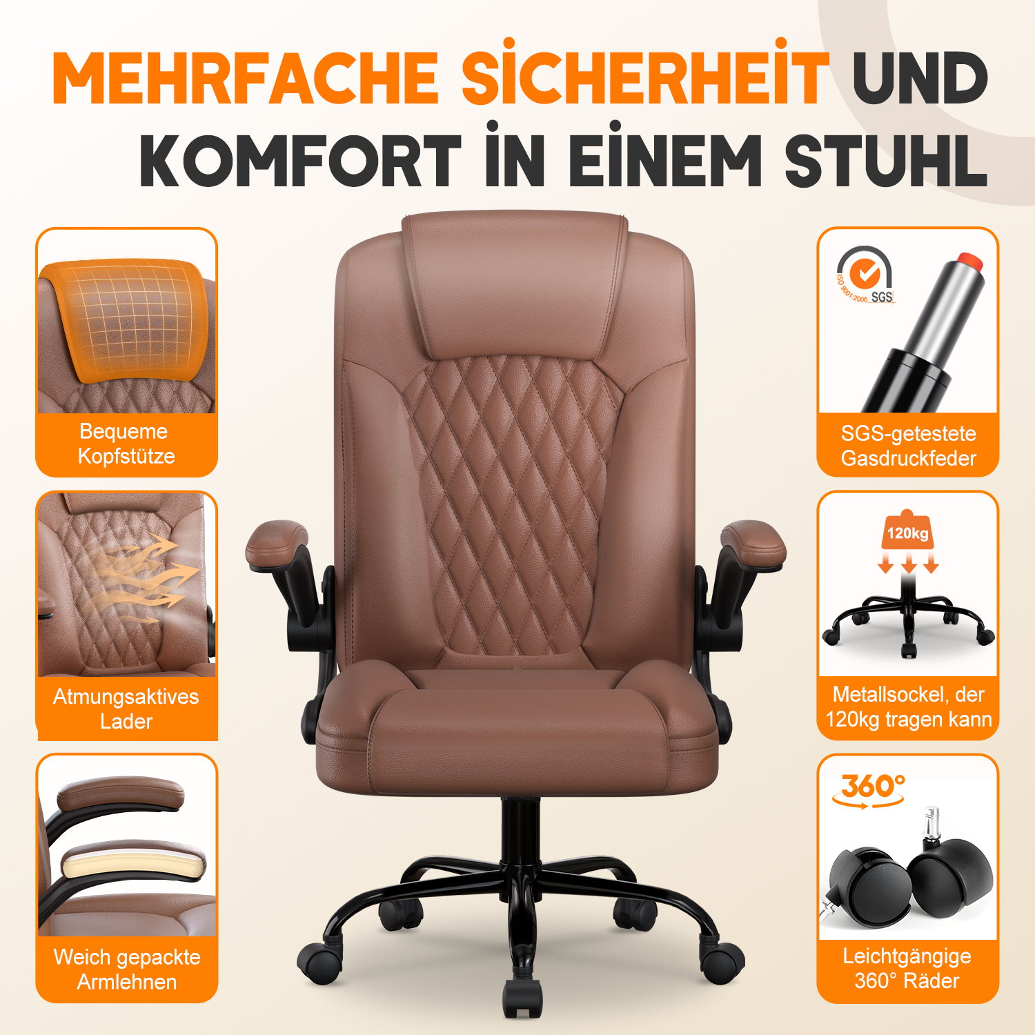 Ein brauner Bürostuhl mit Kopfstütze, Rautensteppung, Armlehnen und schwarzem Fuß mit Rädern. Text hebt Merkmale hervor.