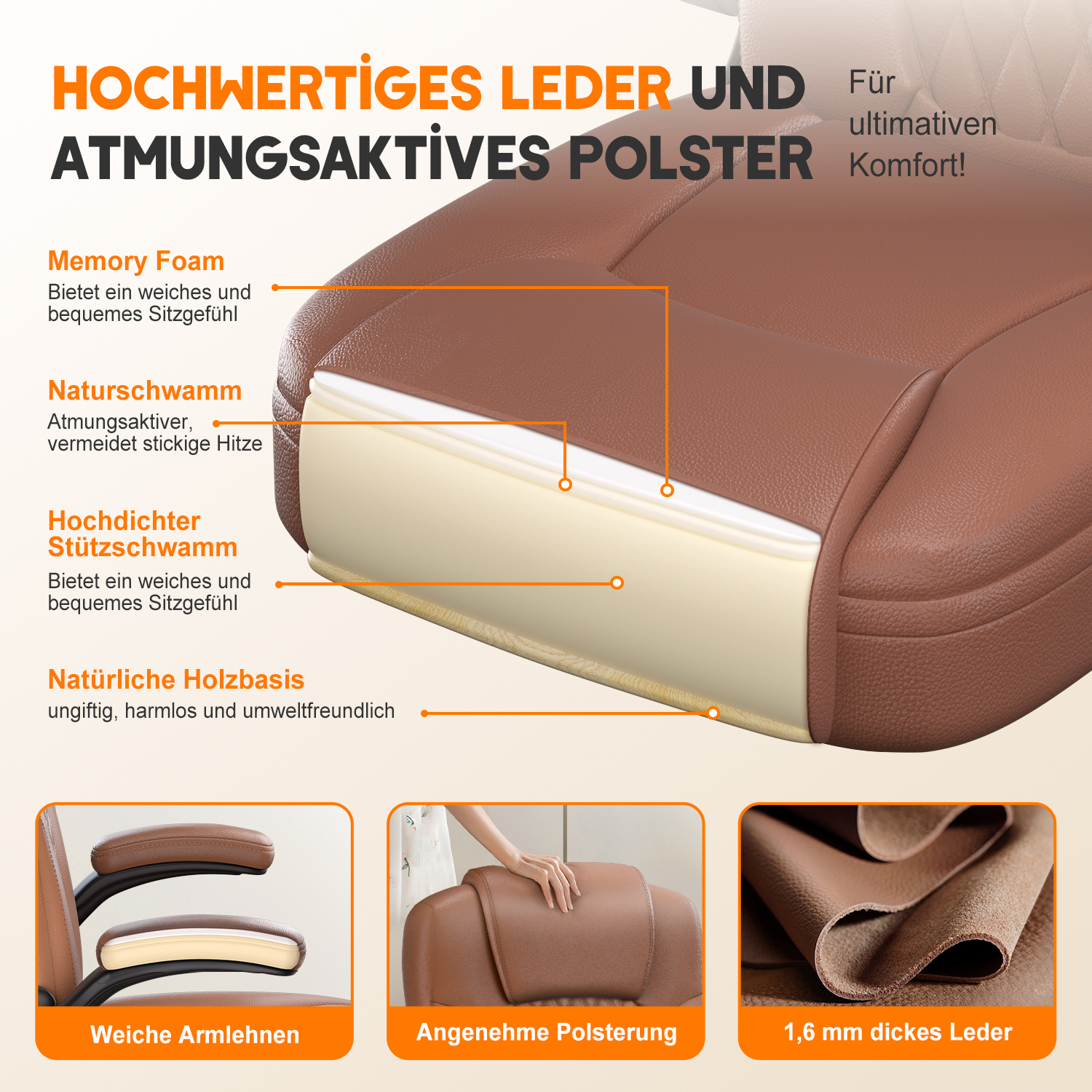 Ein Querschnitt eines braunen Lederstuhls zeigt Schichten aus Schaumstoff und Holz. Text hebt Memory-Schaum, Naturschwamm und dichten Stützschaum hervor.