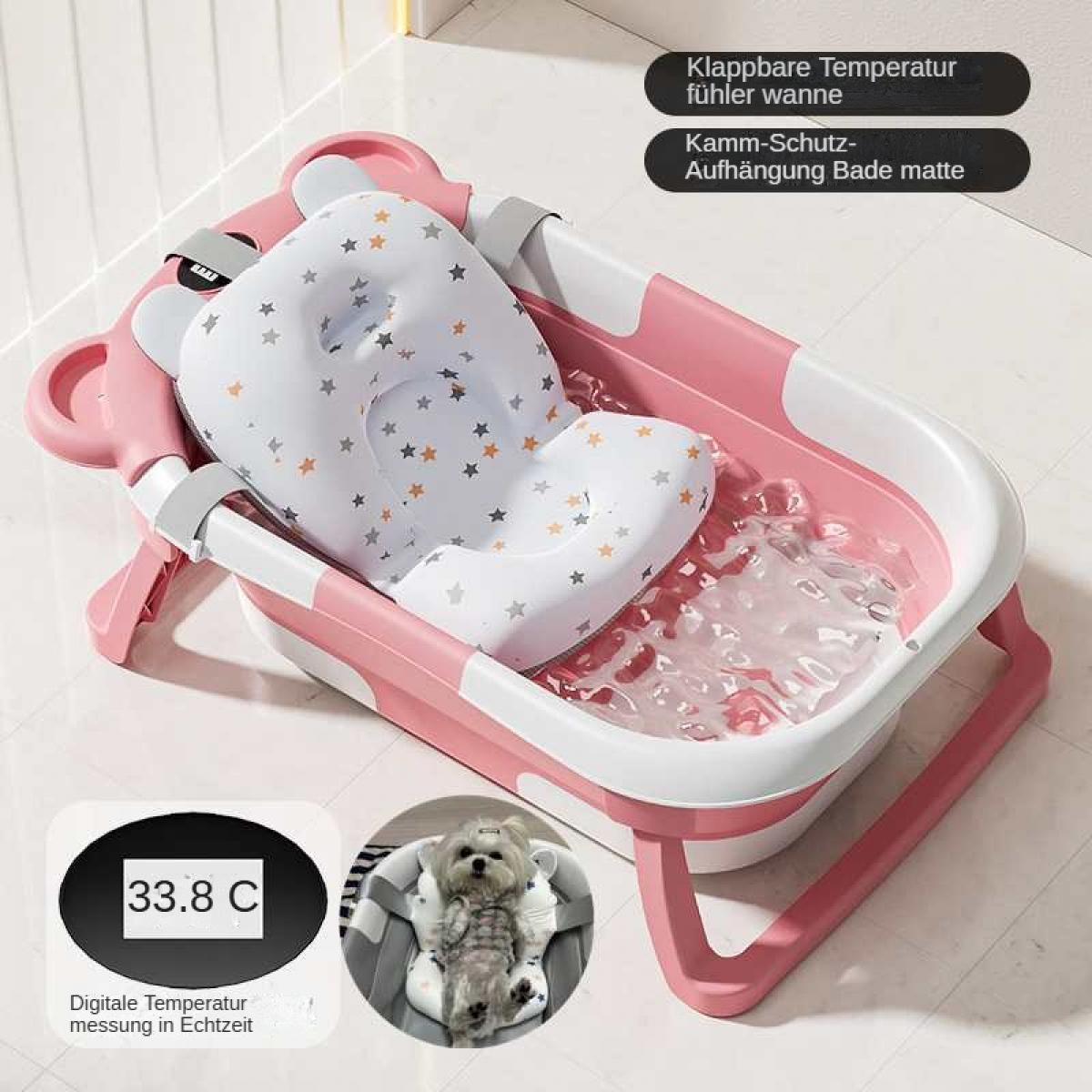 Rosa Babybadewanne mit sternförmigem Sitz. Wasser drin. Temperaturanzeige zeigt 33,8 °C. Ein Hund sitzt in einem Sitz.