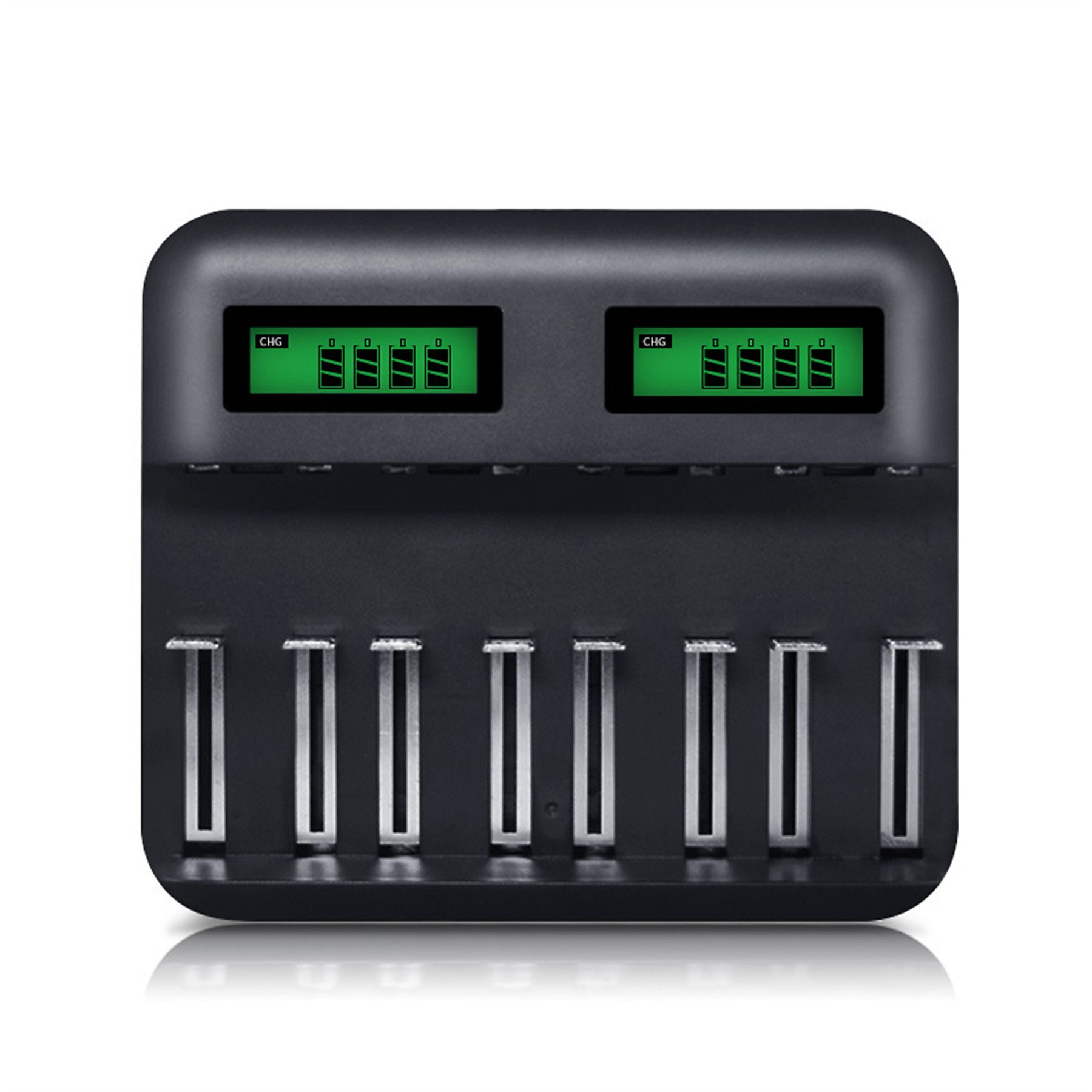 Ein schwarzes Batterieladegerät mit zwei grünen Displays, die den Ladestatus anzeigen, und mehreren Ladeschlitzen darunter.