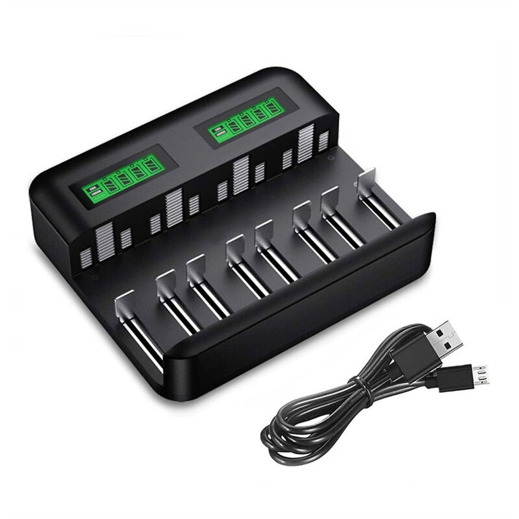 Schwarzes Batterieladegerät mit Display. Daneben befindet sich ein USB-Kabel. Das Display zeigt den Batteriestand grün an.