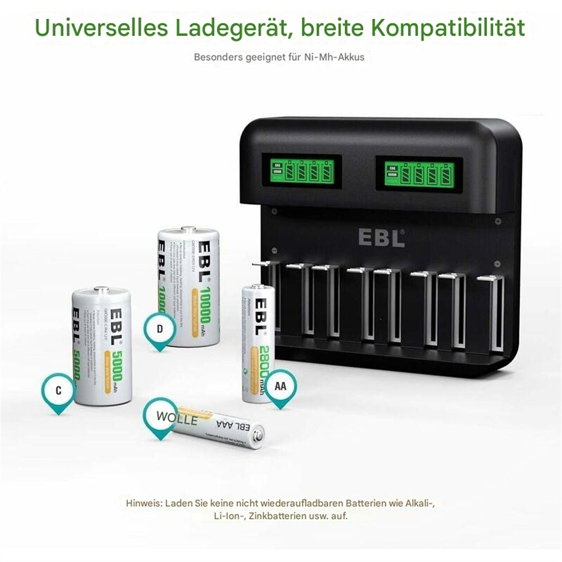 Ein schwarzes Ladegerät mit mehreren Steckplätzen, verschiedenen Batterien und Digitalanzeigen. Text auf Deutsch.