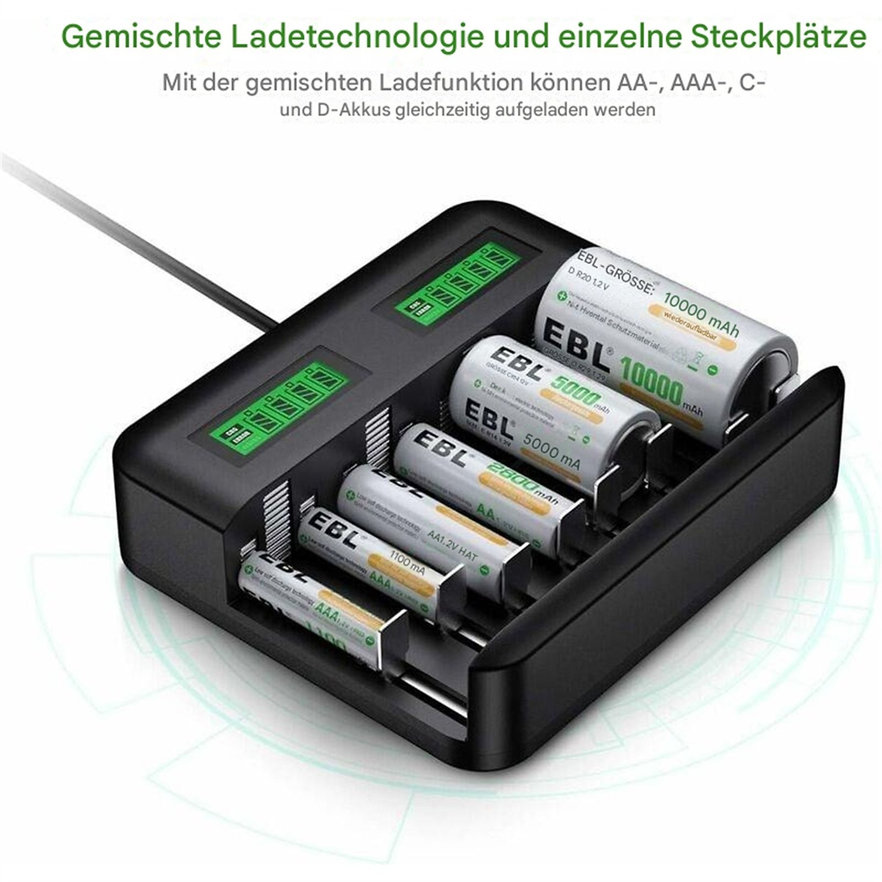 Schwarzes Batterieladegerät mit mehreren Schlitzen, das verschiedene EBL-Batterien unterschiedlicher Größe aufnimmt, mit grünen Ladeanzeigen.