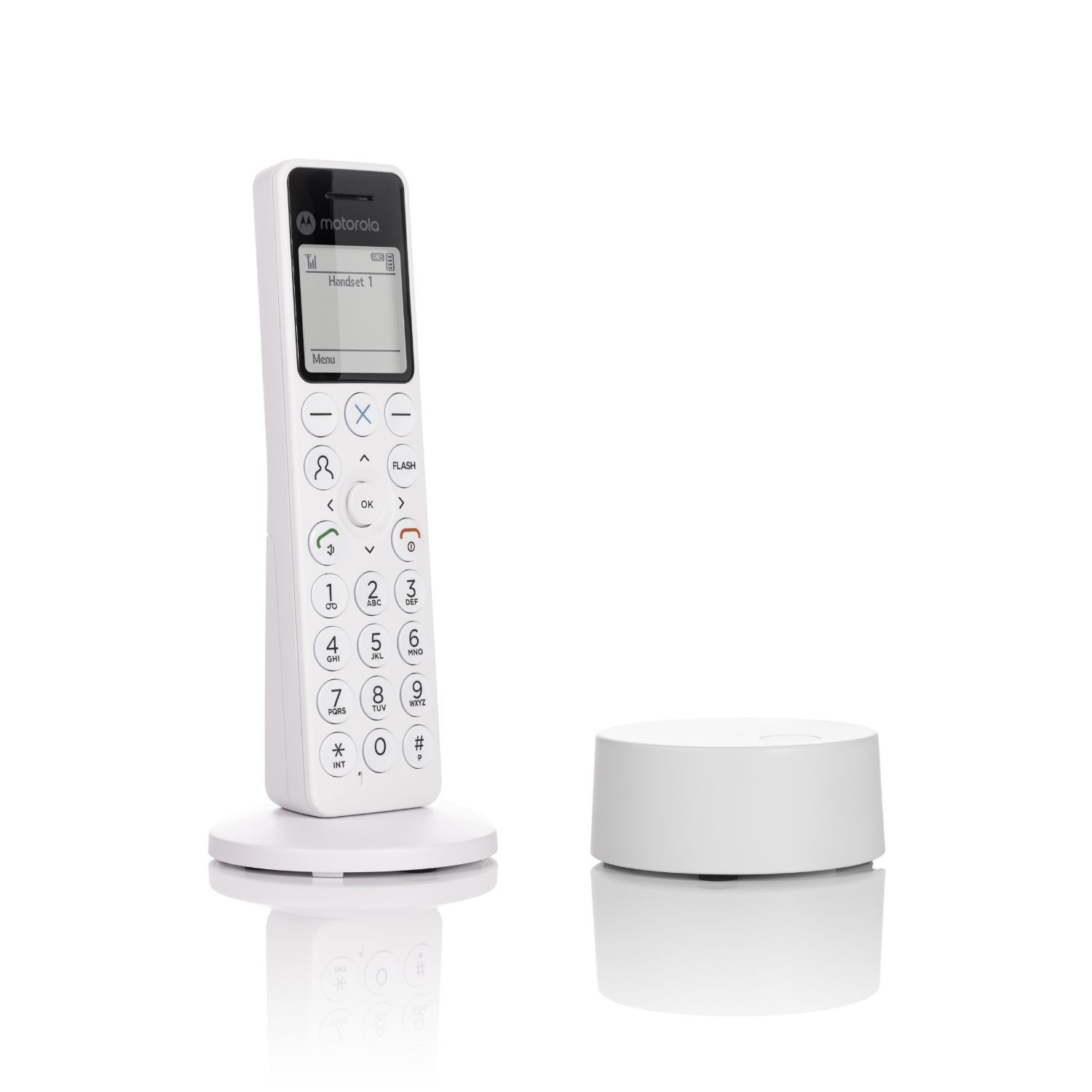 Ein weißes schnurloses Motorola-Telefon und eine Basis. Das Telefon hat einen Bildschirm und Zifferntasten. Die Basis ist ein kleiner, weißer Zylinder.