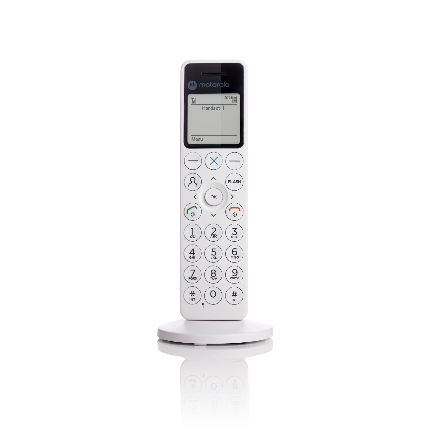 Ein weißes schnurloses Telefon auf einem weißen Sockel. Es hat einen Bildschirm und Tasten zum Wählen. Das Motorola-Logo ist sichtbar.