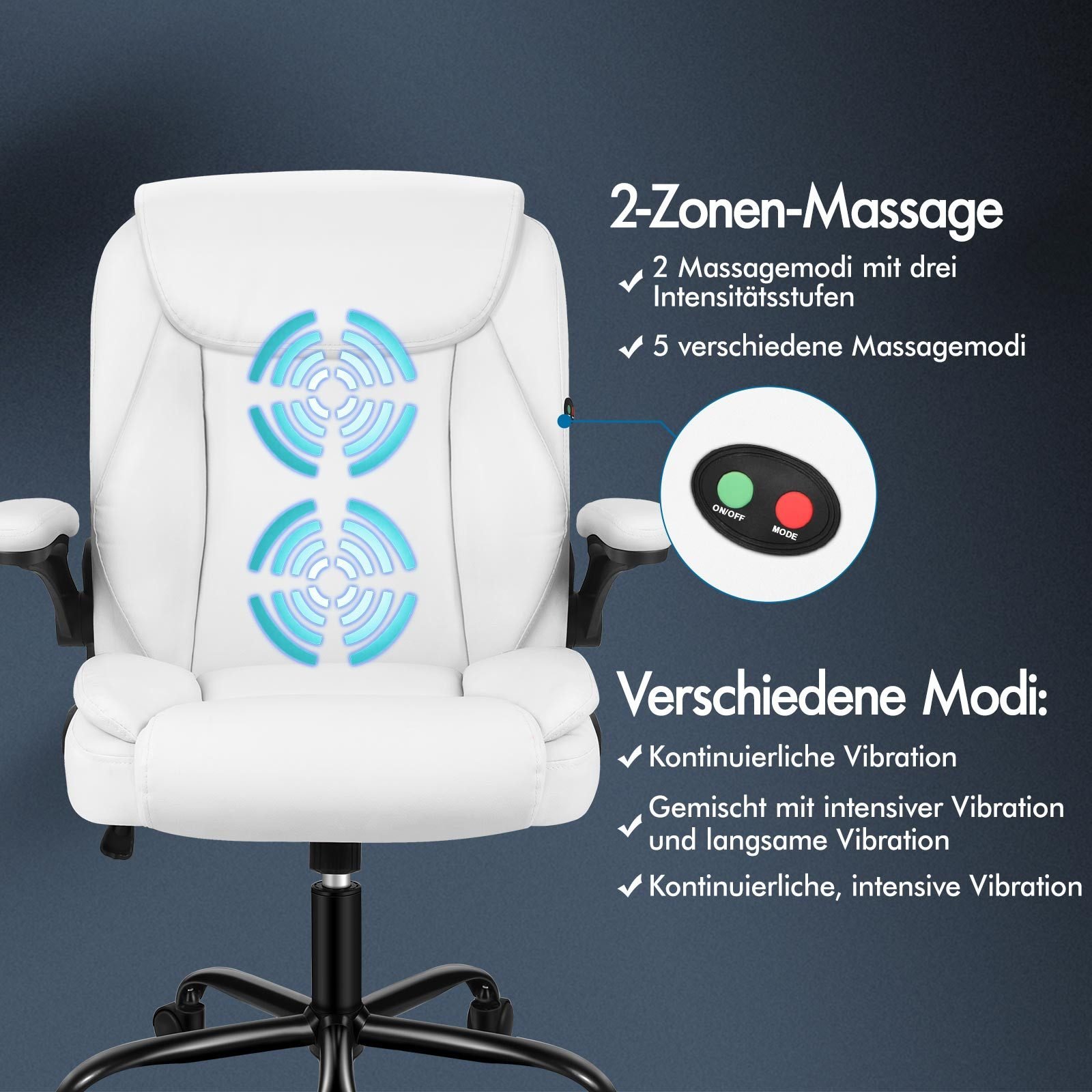 Weißer Massagestuhl mit blauen Massagezonen-Symbolen, Bedienfeld und Text auf Deutsch.