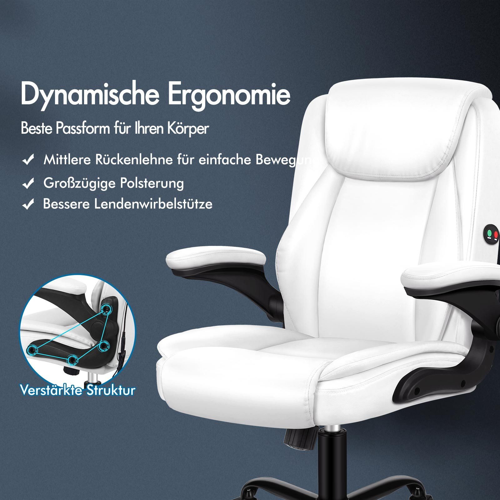 Weißer ergonomischer Bürostuhl mit schwarzen Armlehnen und Gestell. Text auf Deutsch bewirbt dynamische Ergonomie.