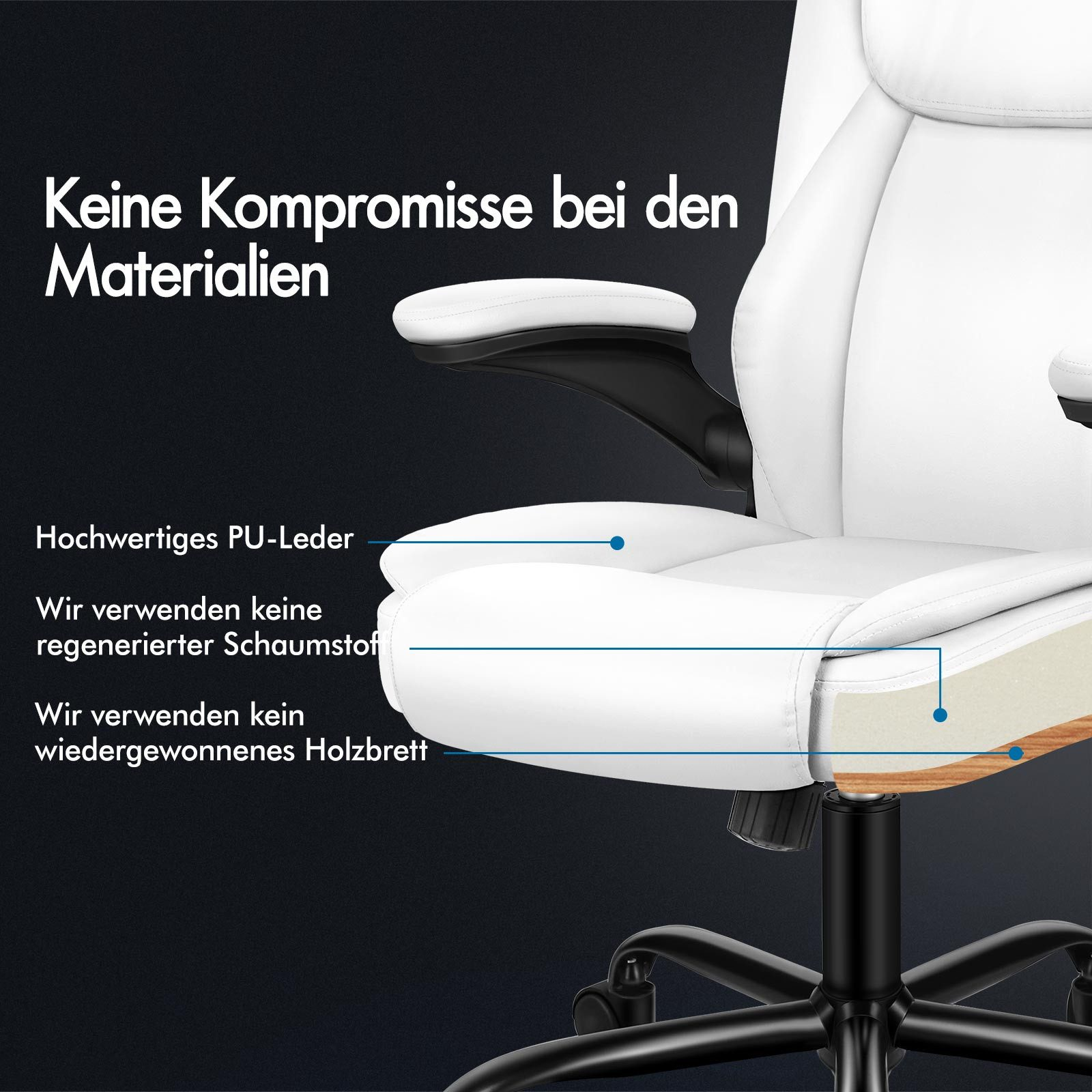 Weißer Bürostuhl mit schwarzen Armlehnen und Gestell. Text hebt PU-Leder, keinen recycelten Schaumstoff oder Holz hervor.